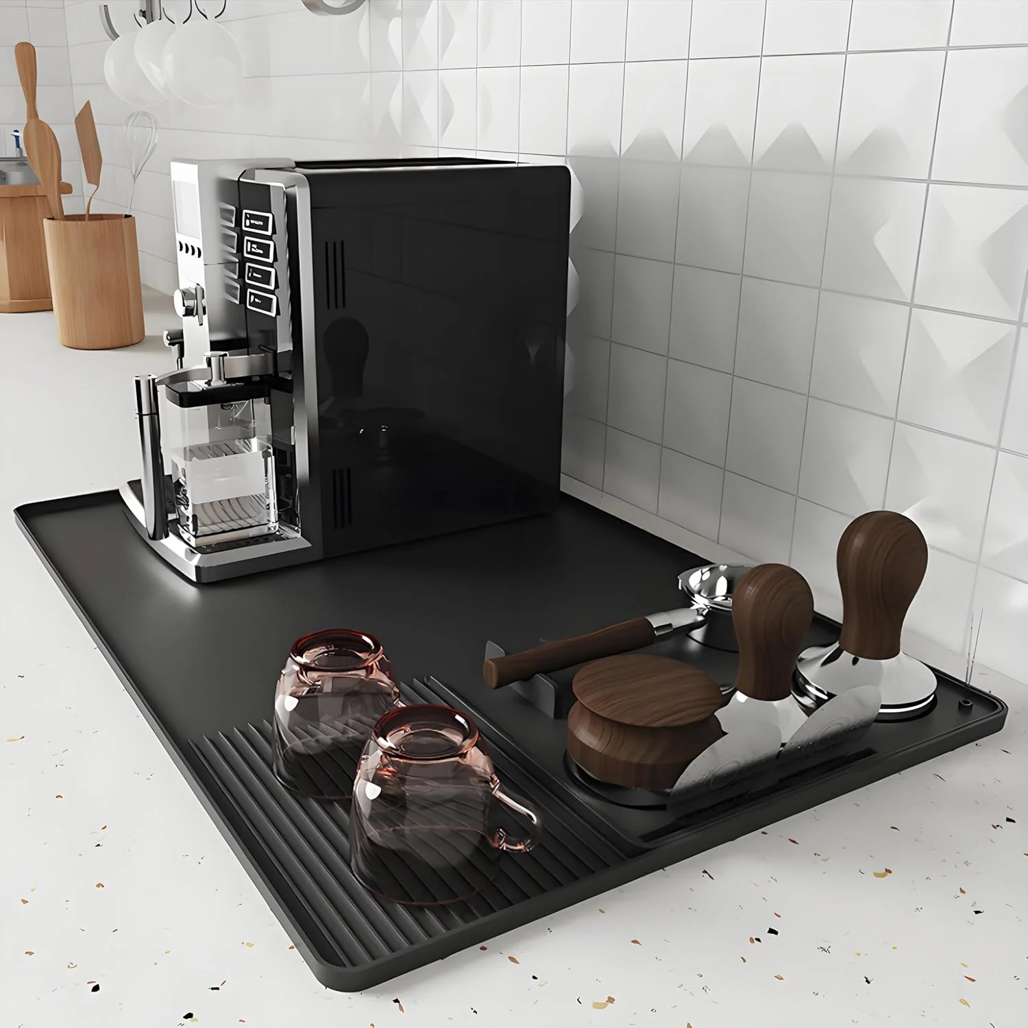 Contemporary Silicone Coffee Mat with a removable tamper mat for Ninja Luxe Cafe Accessories 23.5 x15.7 Anti-Slip Heat-Resistant Coffee Bar Mat for Ninja Luxe Responsible