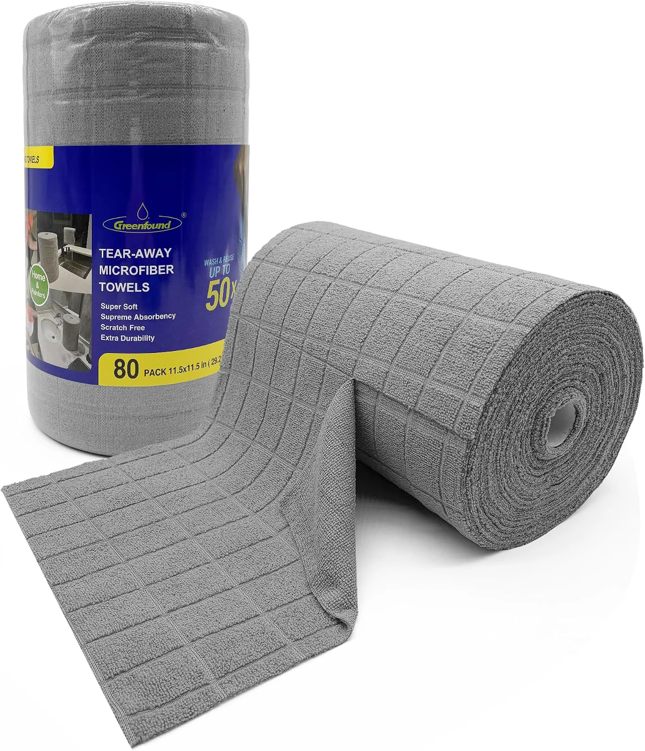 Superior Greenfound Microfiber Cleaning Cloth Roll 80 Pack Tear Away Towels Reusable Washable Lint Scratch Absorbent Cleaning Rags for Kitchen Home Car Window Glass 11.5 x 11.5 Inch Check Grey Functional