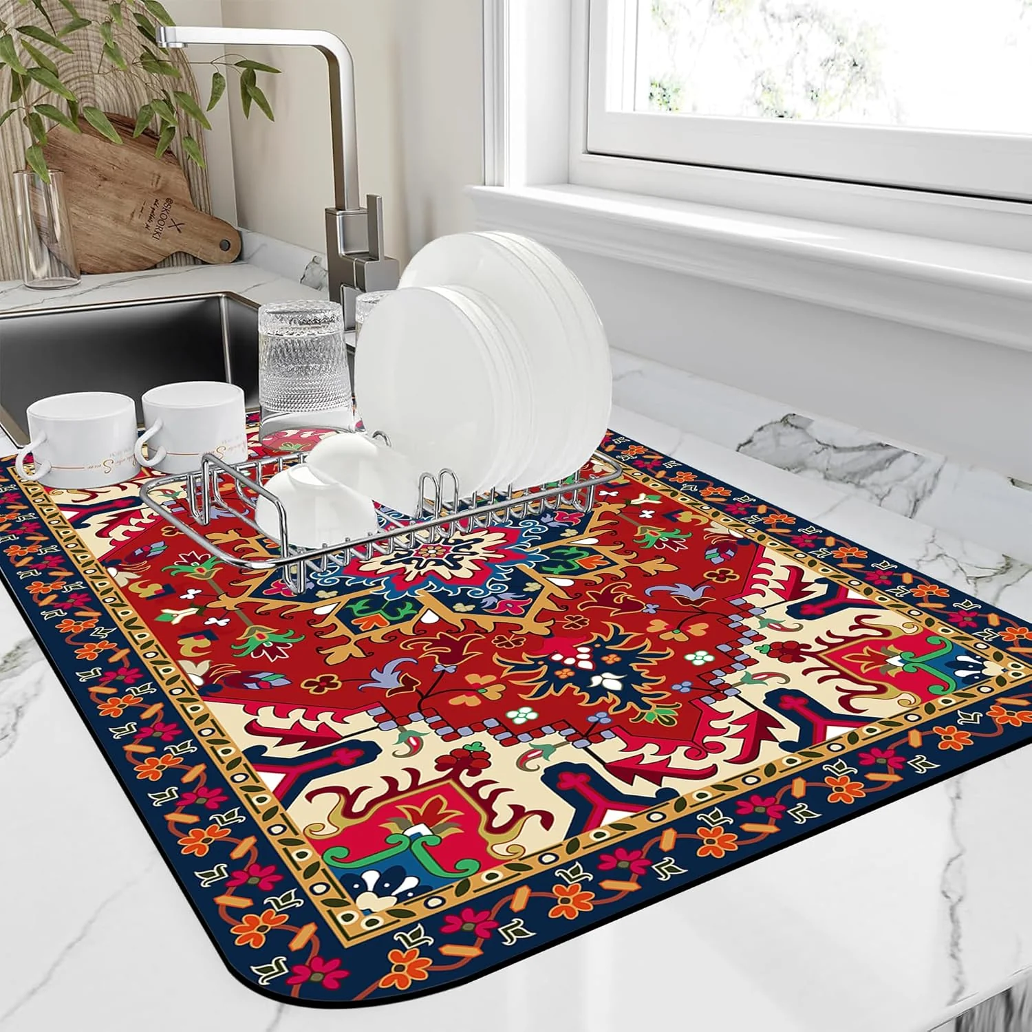 Certified Dish Drying Mat Bohemia Tribal Carpet Texture Kitchen Mat 12 x19 Bsorbent Coffee Maker Mat for Dishes Authentic