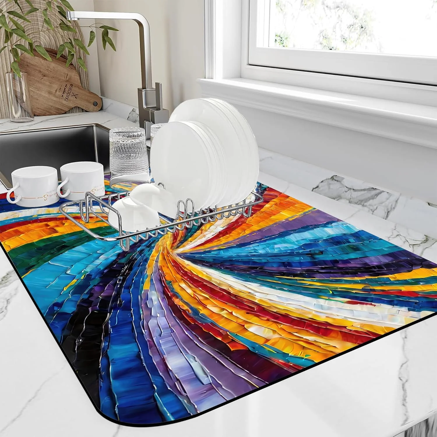 Crafted Kitchen Mat Swirl Colorful Textured Dish Drying Mat 12 x19 Bsorbent Coffee Maker Mat for Sink Dishes or Under Rack Kitchen Counter Accessories Solid