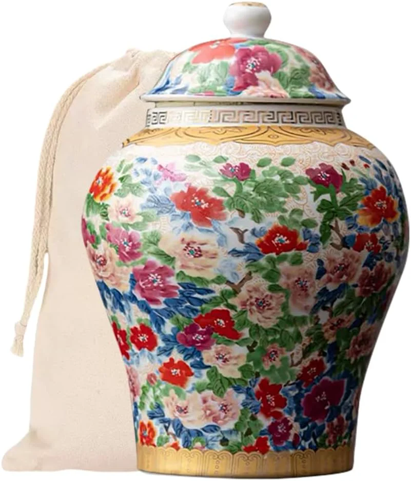 Classic 8 inches Ginger Jar with Lid- colored flowers pattern Ceramic Decorative small Ginger Jars， chinoiserie gift Enamel decor jar for Dependable