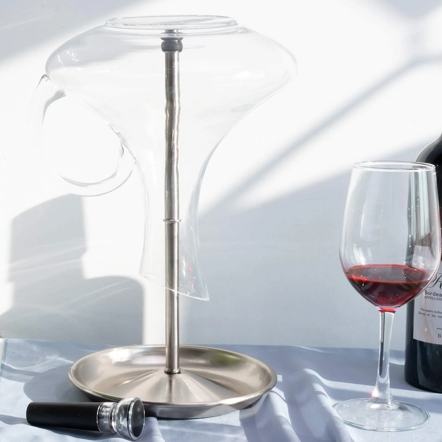Versatile Wine Decanter Drying Stand with Silicone Head to Prevent Scratches-Detachable Shelf Decanter Rack Holder with Drip Catching Base with Wine Bottle Flexible