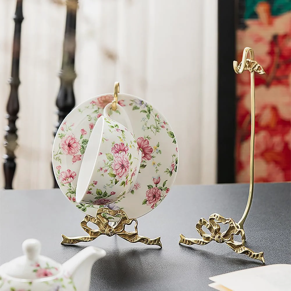 Soft 1Pcs Brass Teacup and Saucer Display Stand Teacup Holder Stand for Display Antique Coffee Cup Mug Holder for one Cup Gold. Small Breathable