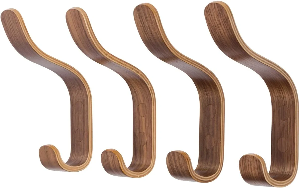 Certified Plywood Wall Hooks Set of 4 Wood Coat Hooks Hanging Clothes Hats Robes Towels Walnut Wooden Expertly Made