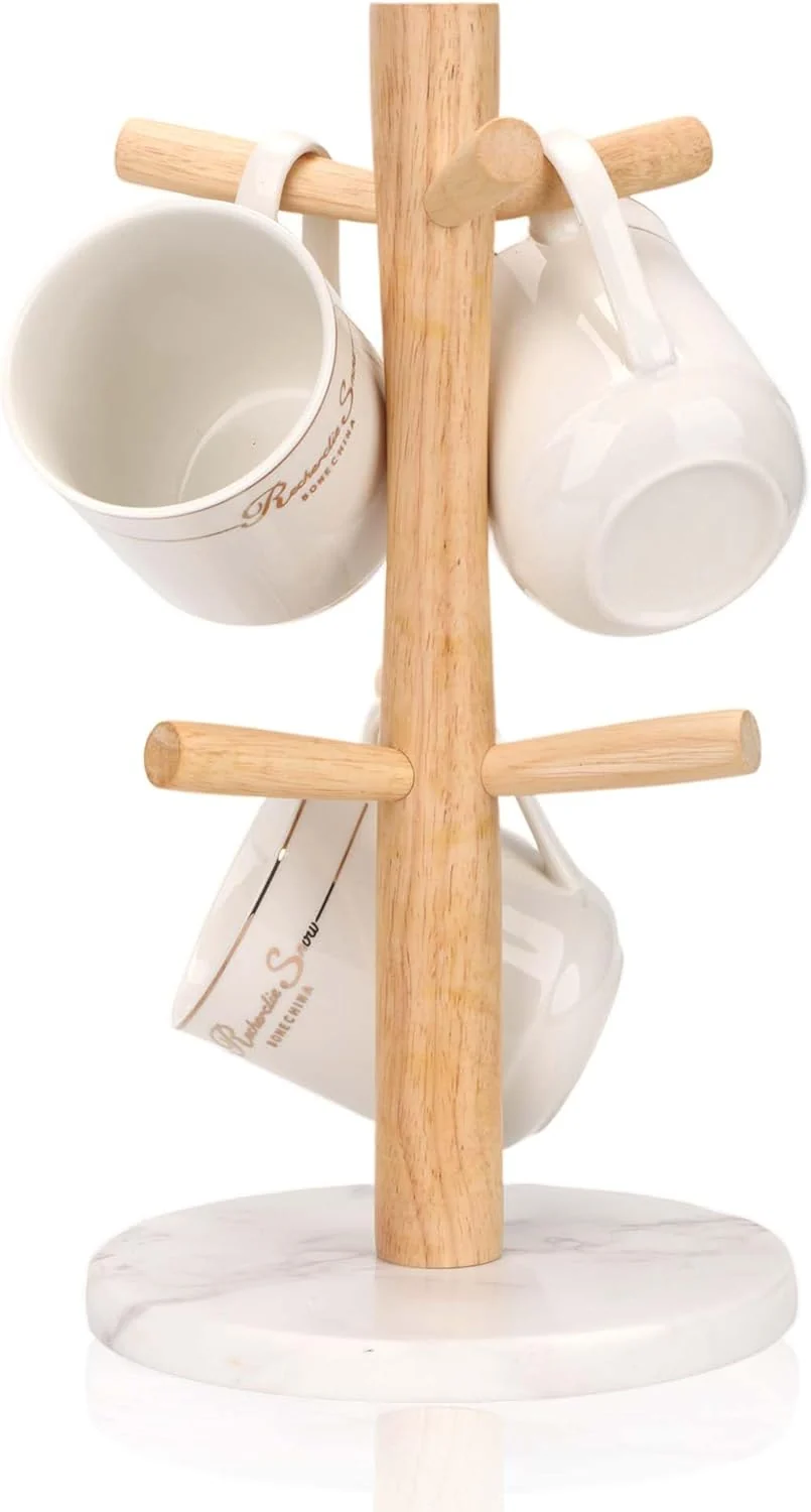 High-Quality Worhe Mug Holder Marble Base with 6 Hooks Coffee Cup Rack Organizer for Countertop Classic