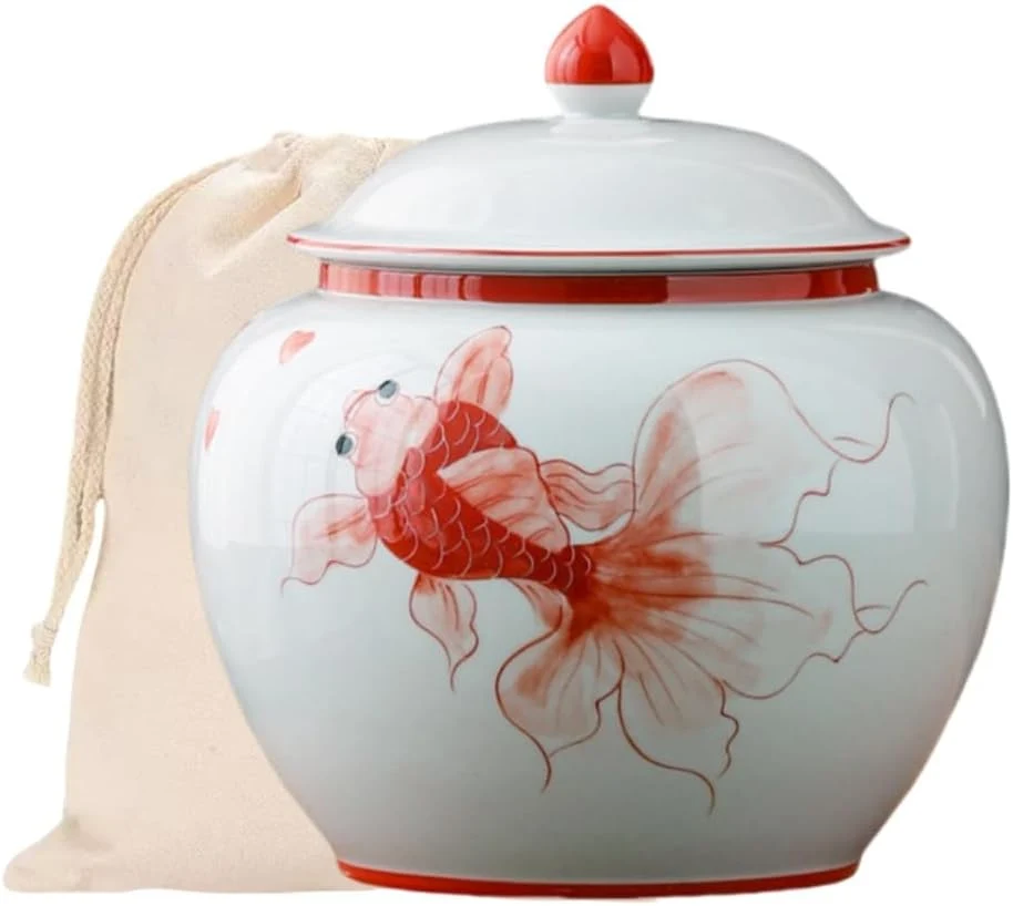 Pure 5 inches Ginger jar Lid – red fish decorative Ceramic Ginger jar vase with Lid， chinoiserie gift koi decor small jars for Home decor jewelry Tea coffee beans Storage Breathable