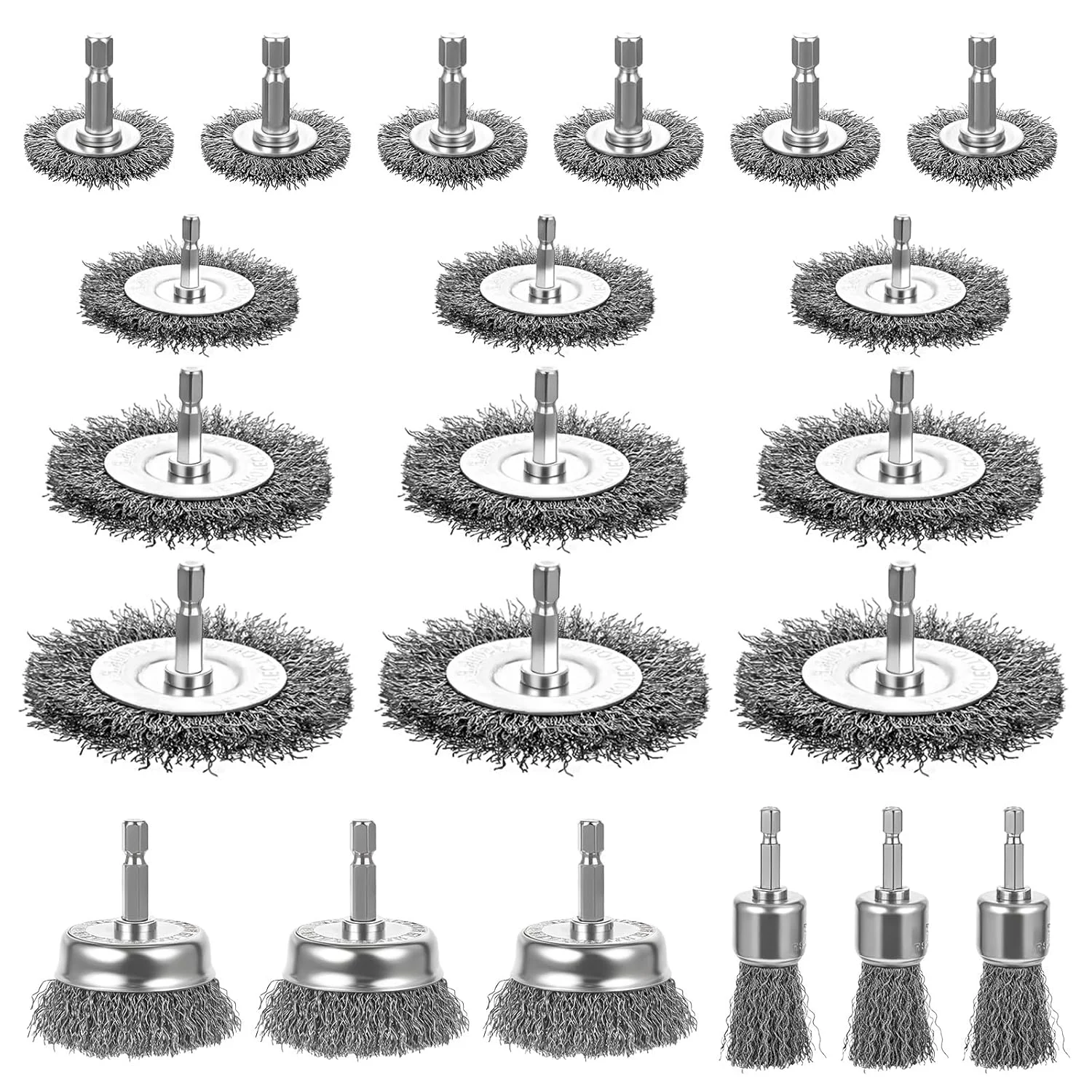 Exceptional 21 Packs Carbon Steel Wire Wheel Brush with 1 4-Inch Hex Shank Cup Pen Wheel Brush Set Trusted