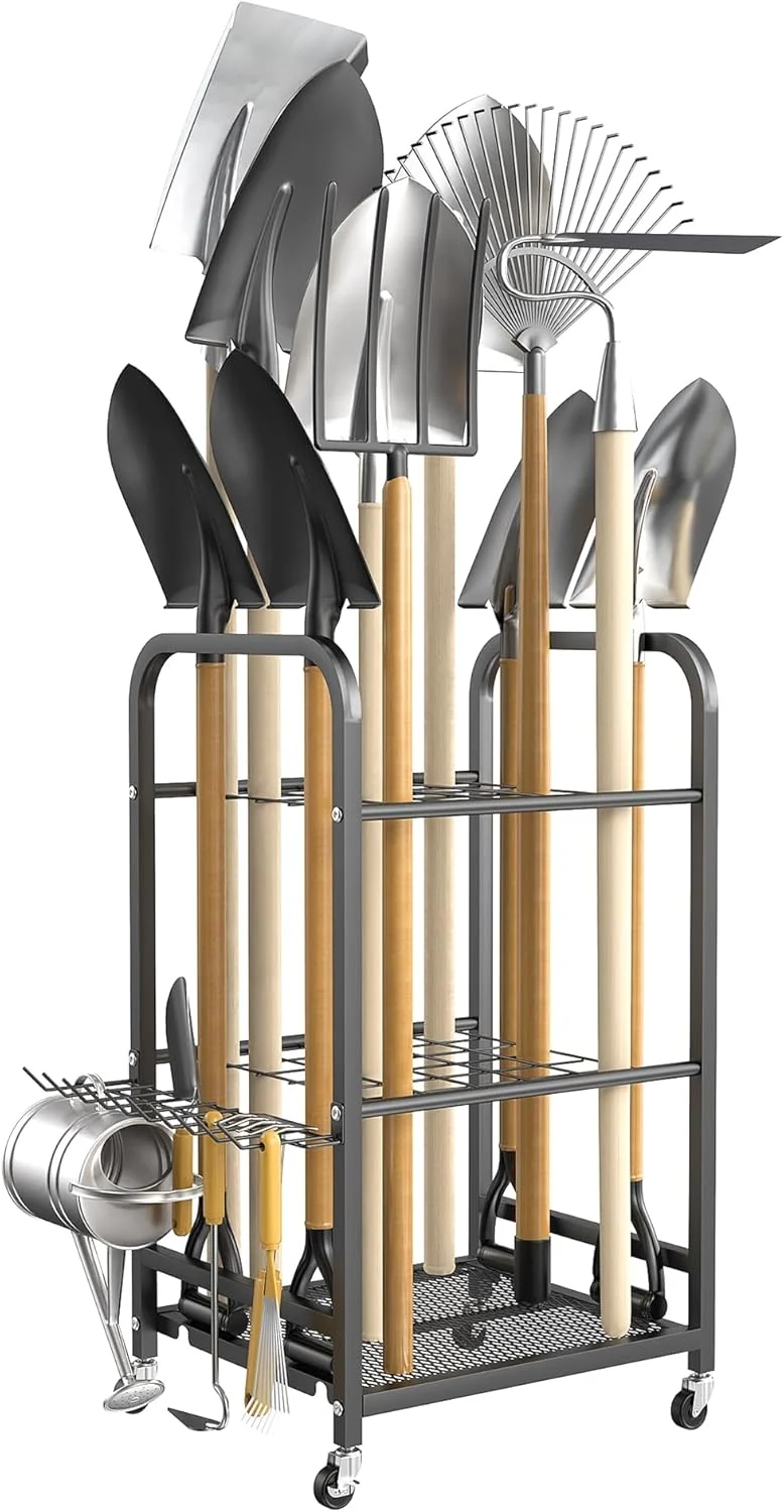 Clean Torack Garden Tool Organizer Stand with Wheels Rakes Shovels Yard Tools Stand for Garage Shed Garden Indoor Outdoor Long-Handled Tools Cart Original Design