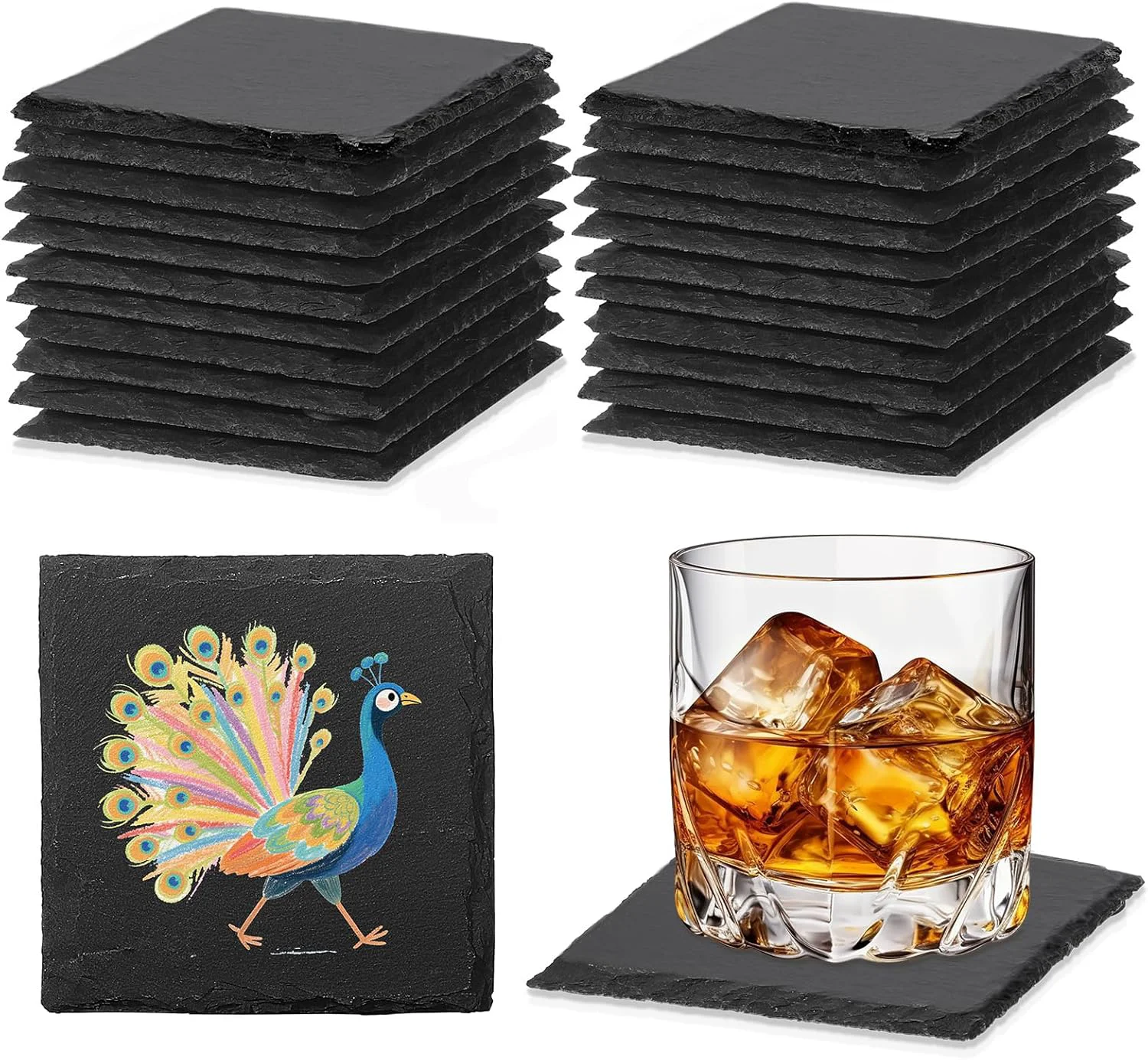 Original 24 PCS Slate Coasters Black Square 4 Inch Bulk Rock Blank Laser Engraving Scratch Resistant Bottom Crafted