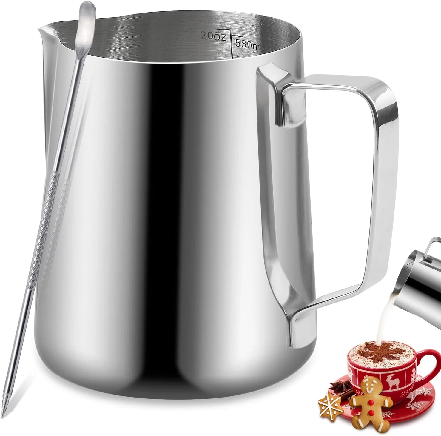 Recyclable Espresso Milk Frothing Pitcher 20OZ 600ML Stainless Steel Milk Frother Cup with Decorating Art Pen for Espresso Machine Practical