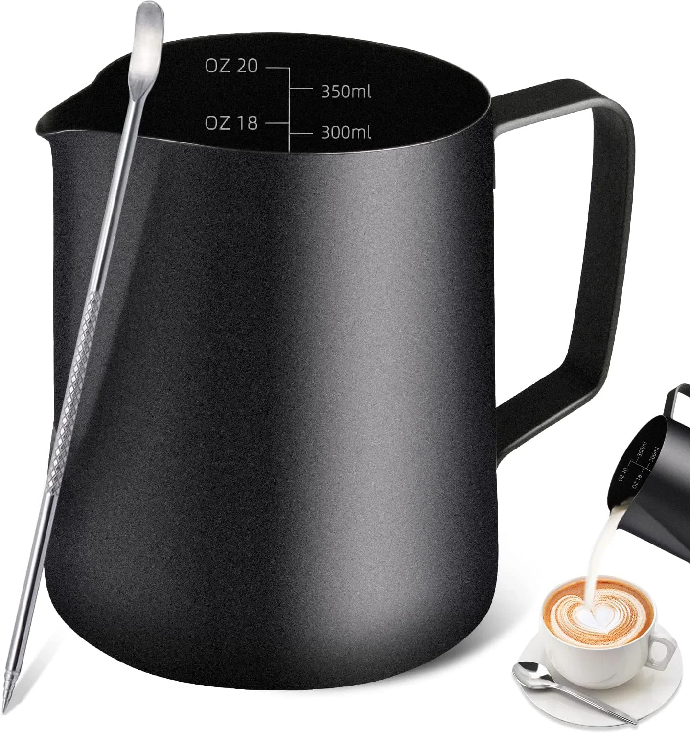 Durable Milk Frothing Pitcher 12OZ 350ML Stainless Steel Espresso Steaming Pitcher Coffee Milk Frother Cup with Decorating Art Pen for Espresso Machine Green
