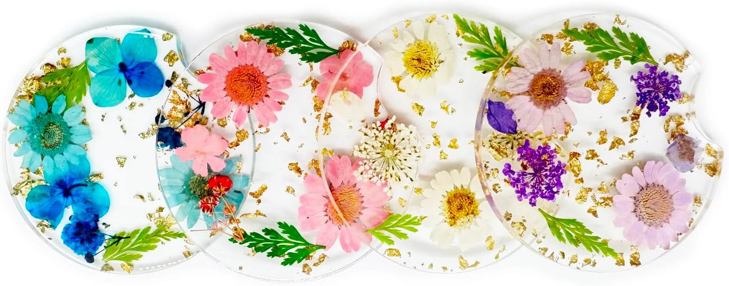 Responsible Dried Flower Coasters 4PCS Resin Drink Coasters with Finger Notch Reusable Cup Mats for Desk Protection Car and Home Decor Effective