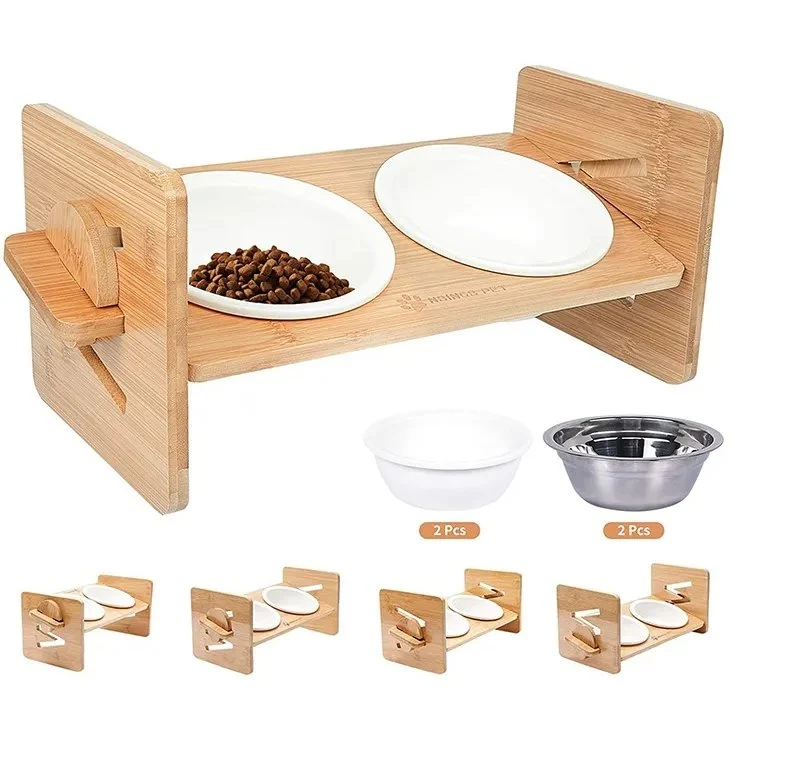 Soft Whole Stainless Steel Ceramics Adjustable Double Bowl d Pet Bowls With Wooden Stand Elite