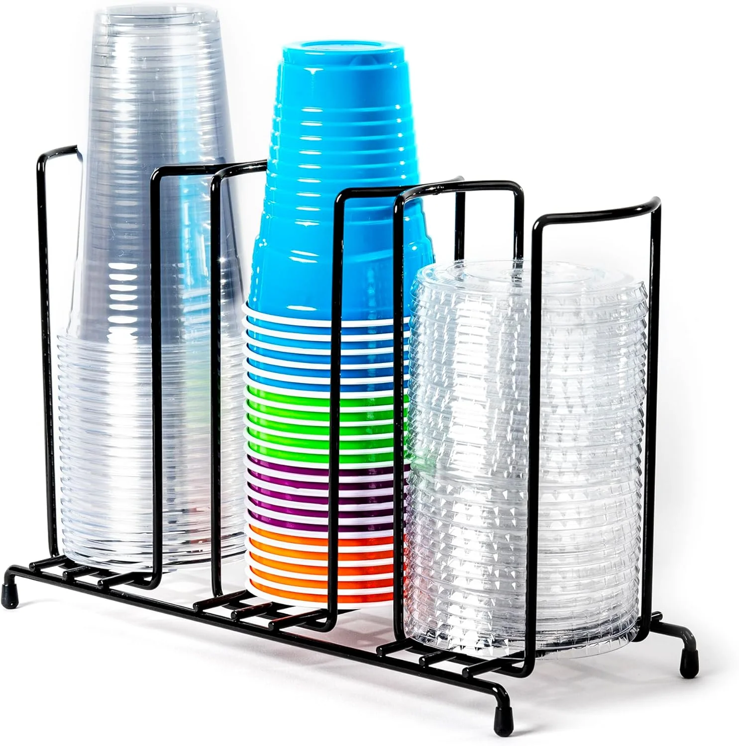 Pure Wire Frame Cup and Lid Organizer 3 Compartment Metal Rack Design Storage Holder for Plastic Coffee Beverage Cups Contemporary