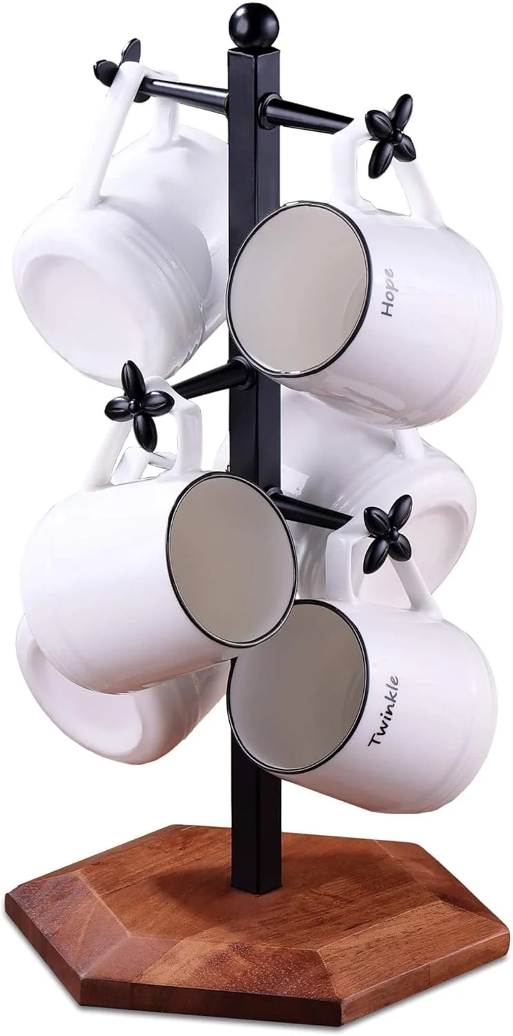 Original Coffee Mug Holder Mug Tree for Counter Cup Holder with 6 Floral Hooks Wooden Mug Rack Mug Stand for Counter Coffee Bar Station Organizer Black Specialty