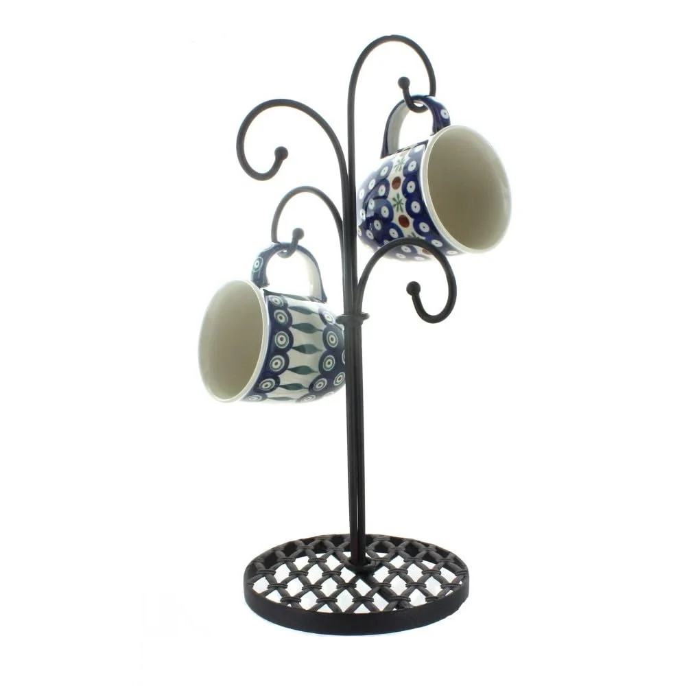 Genuine Blue Rose Polish Pottery – Black 4 Arm Mug Stand – 16 x 8 x 7 – Rack for Dinnerware Expertly Made