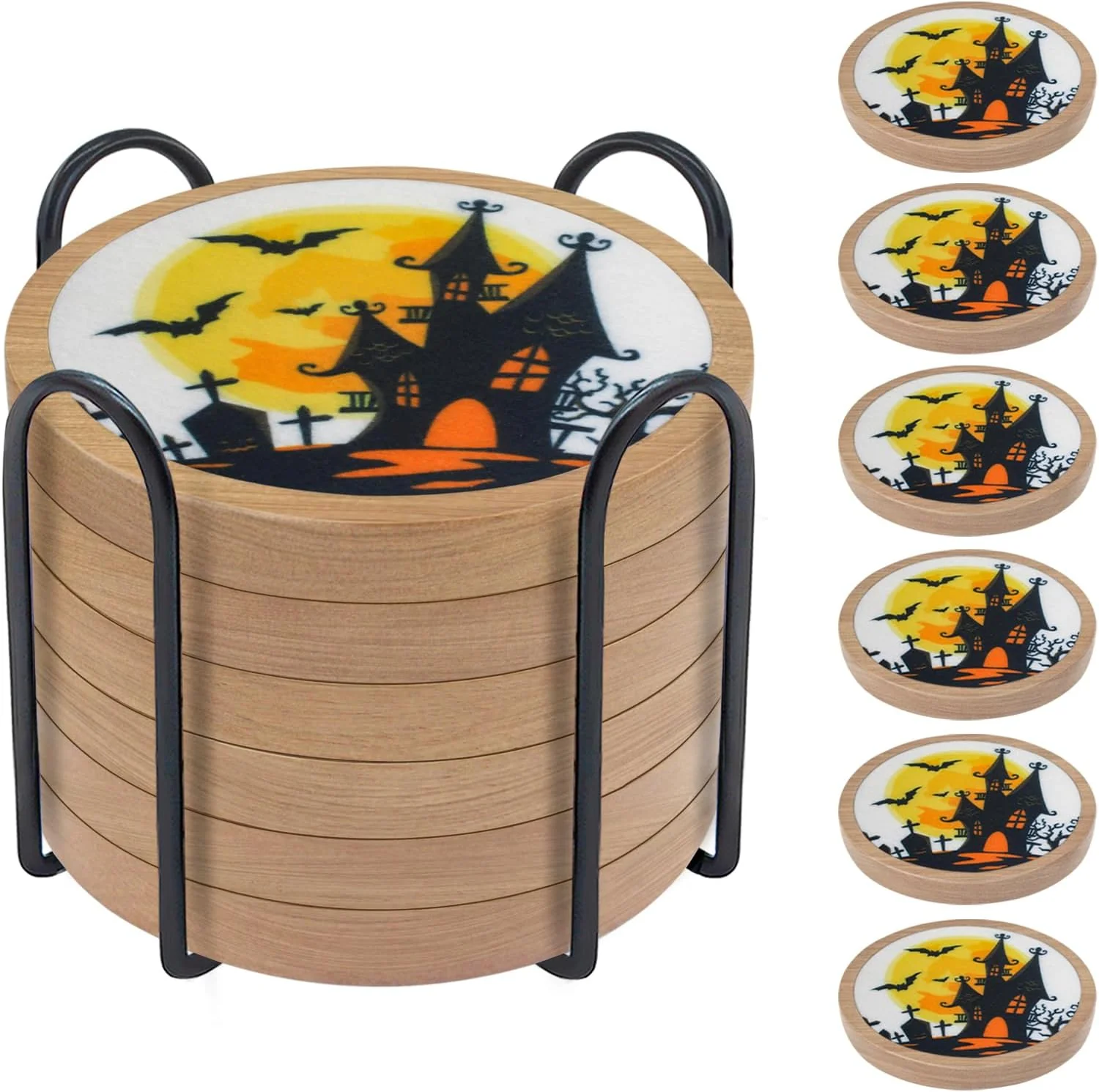 Contemporary Halloween Coasters Set of 6 Unique Coaster Minacun Absorbent Coasters with Holder Halloween Thanksgiving Themed Party Decoration 4.3 Inch Responsible