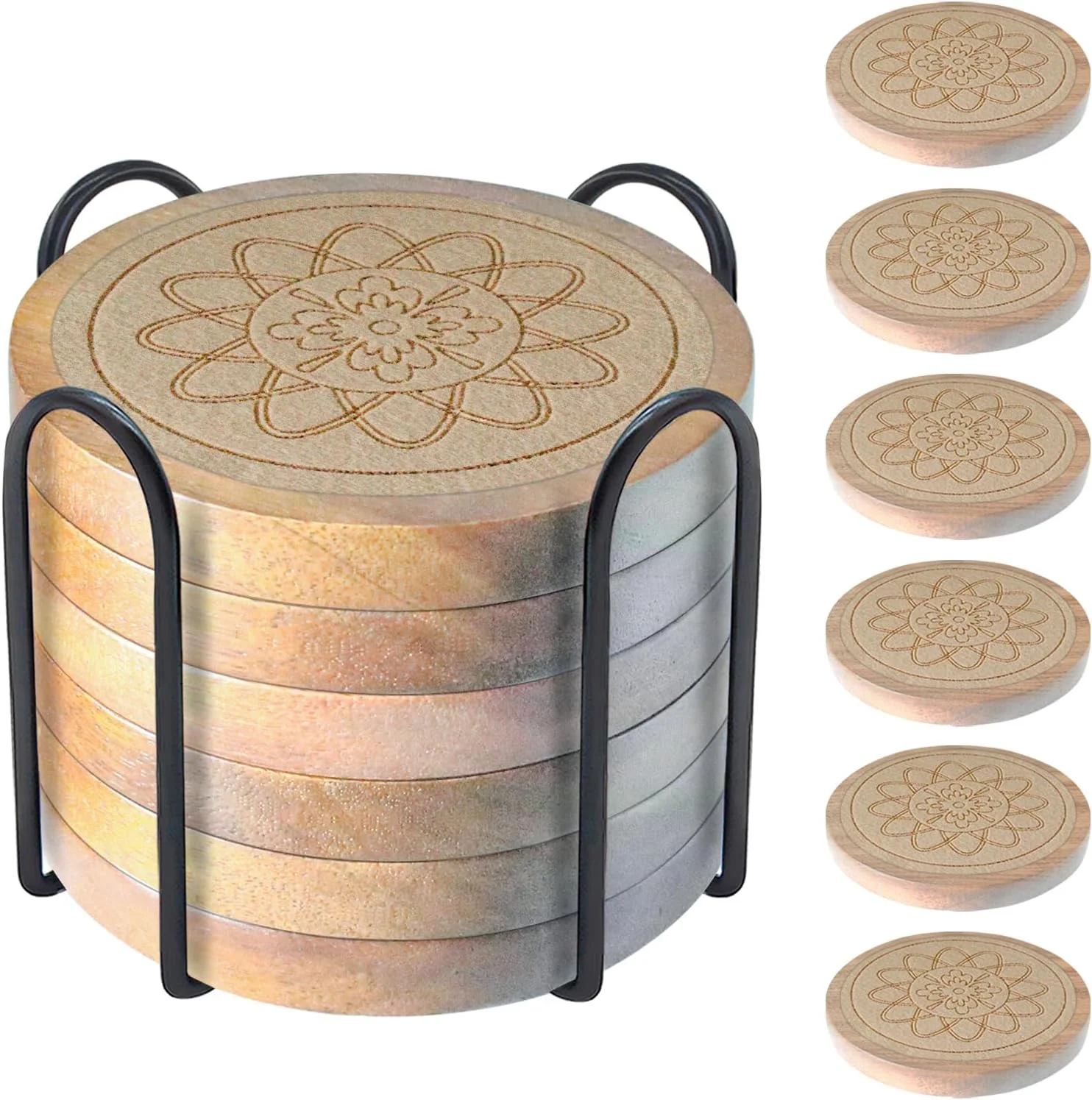 Easy-to-Use Wood Coasters for Drinks Housewarming Gifts for Home Decoration Absorbent Coasters with Holder for Coffee Tabletop Protection 4.3 Inch Beige Verified