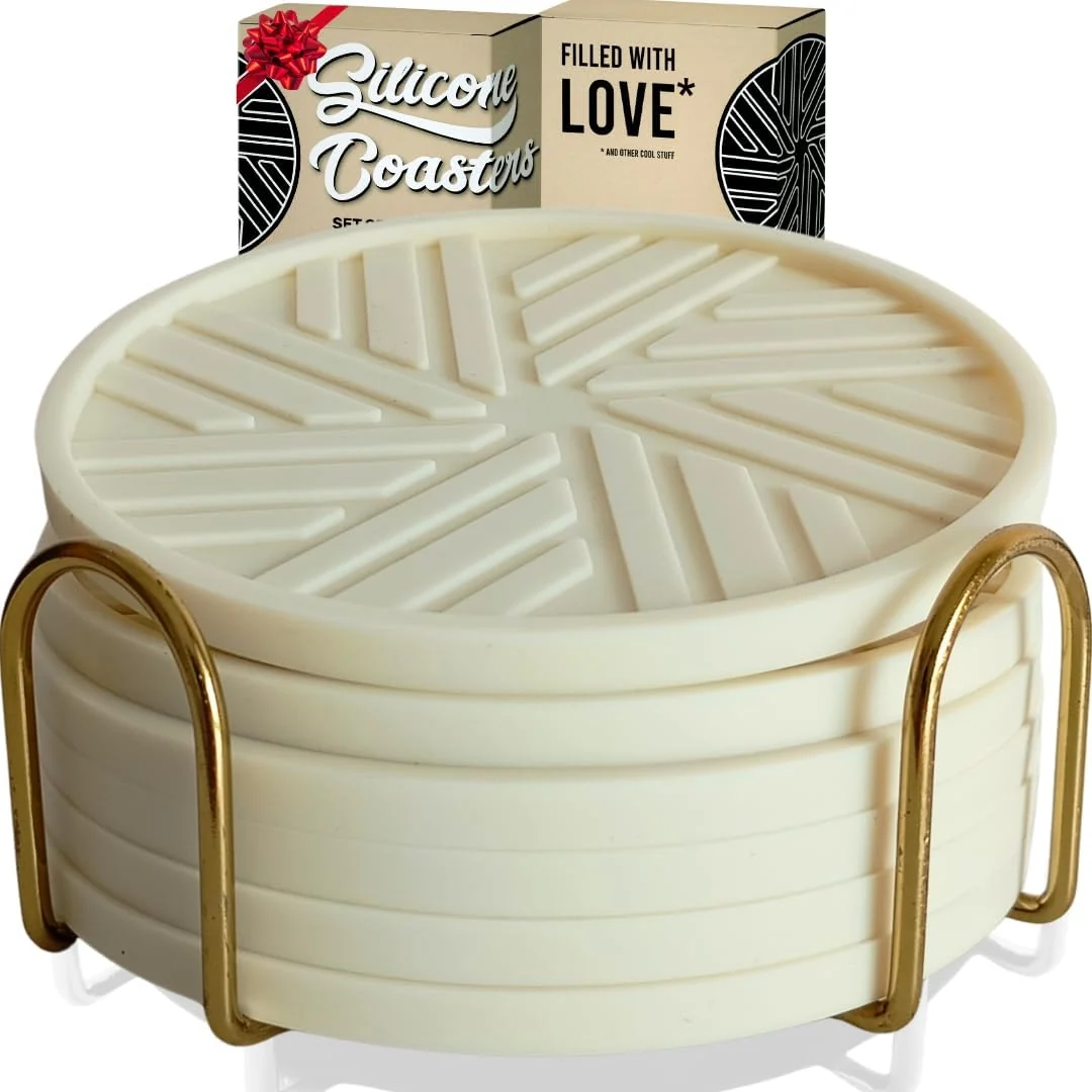 Secure Silicone Coasters for Drinks Set of 6 with Gold Holder and Modern Elegant Pattern Unique Protection for Coffee Table