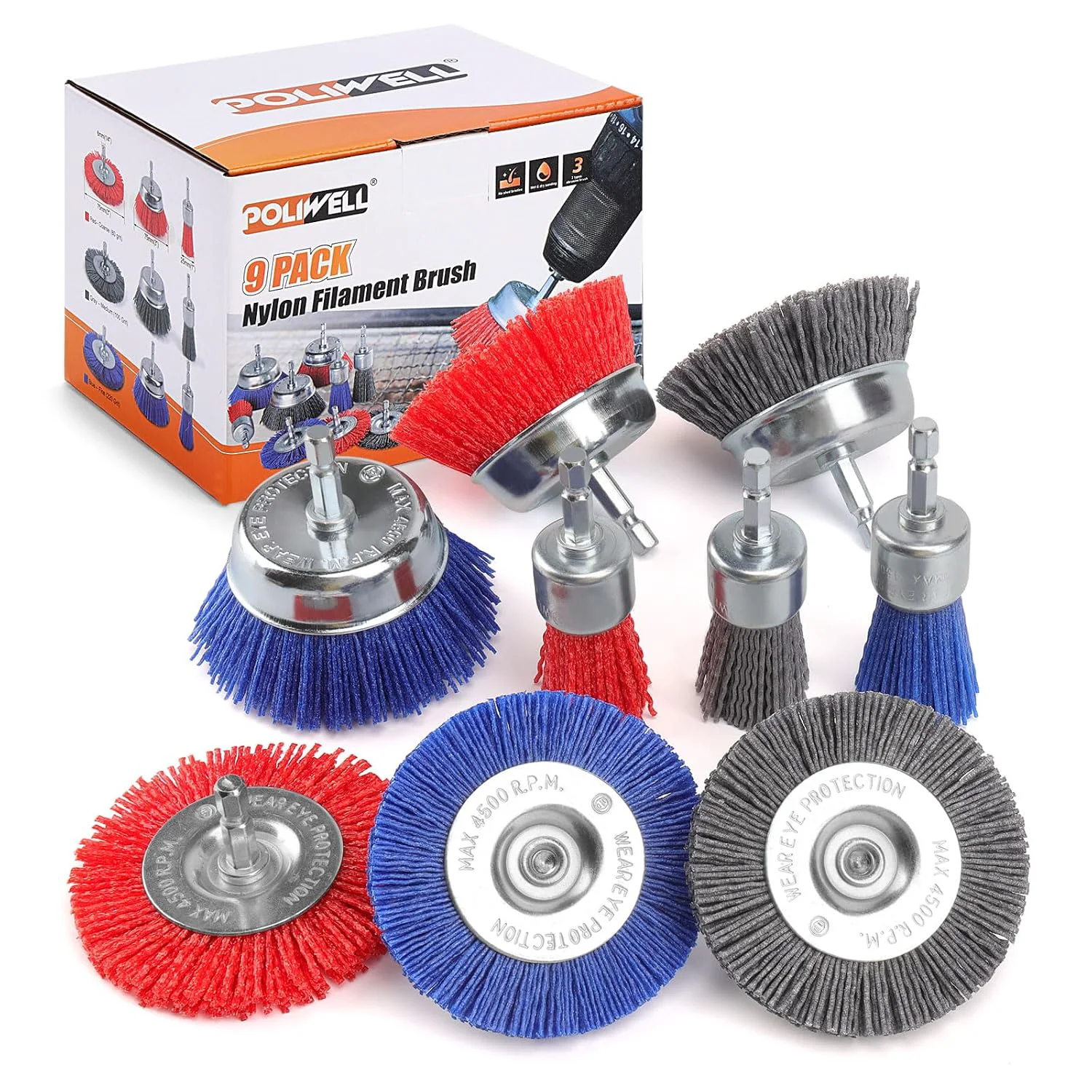 Quality POLIWELL 9 Pack Nylon Filament Abrasive Wire Sanding Brush Wheel Fine Crafted