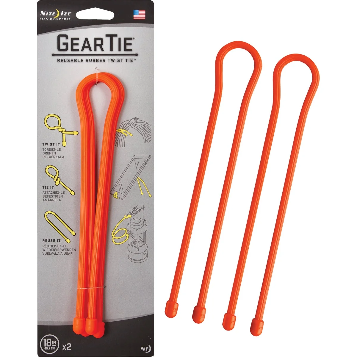 Sustainable Nite Ize Gear Tie 18 In. Orange Reusable Rubber Twist Tie 2-Count Durable