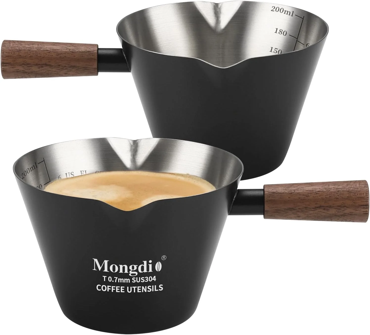 Casual Mongdio 2 Pcs Espresso Measuring Cup Stainless Steel Espresso Shot Cups with Wooden Handle and Double Spouts 6.8OZ 200ML Black Optimized