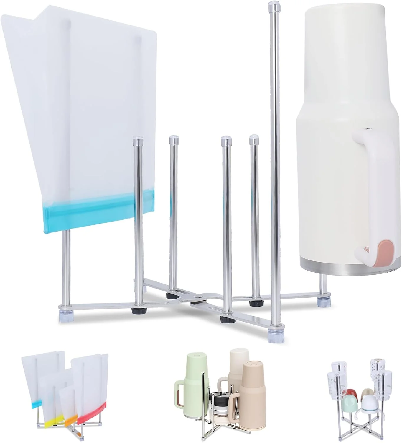 High-End Plastic Bag Drying Holder Bottle Drying Rack Multifunctional Kitchen Grocery Bag Stand Collapsible Cup Draining Rack for Wine Decanter Mugs Mason Jars Water Bottle 10.63 Inches Height Official