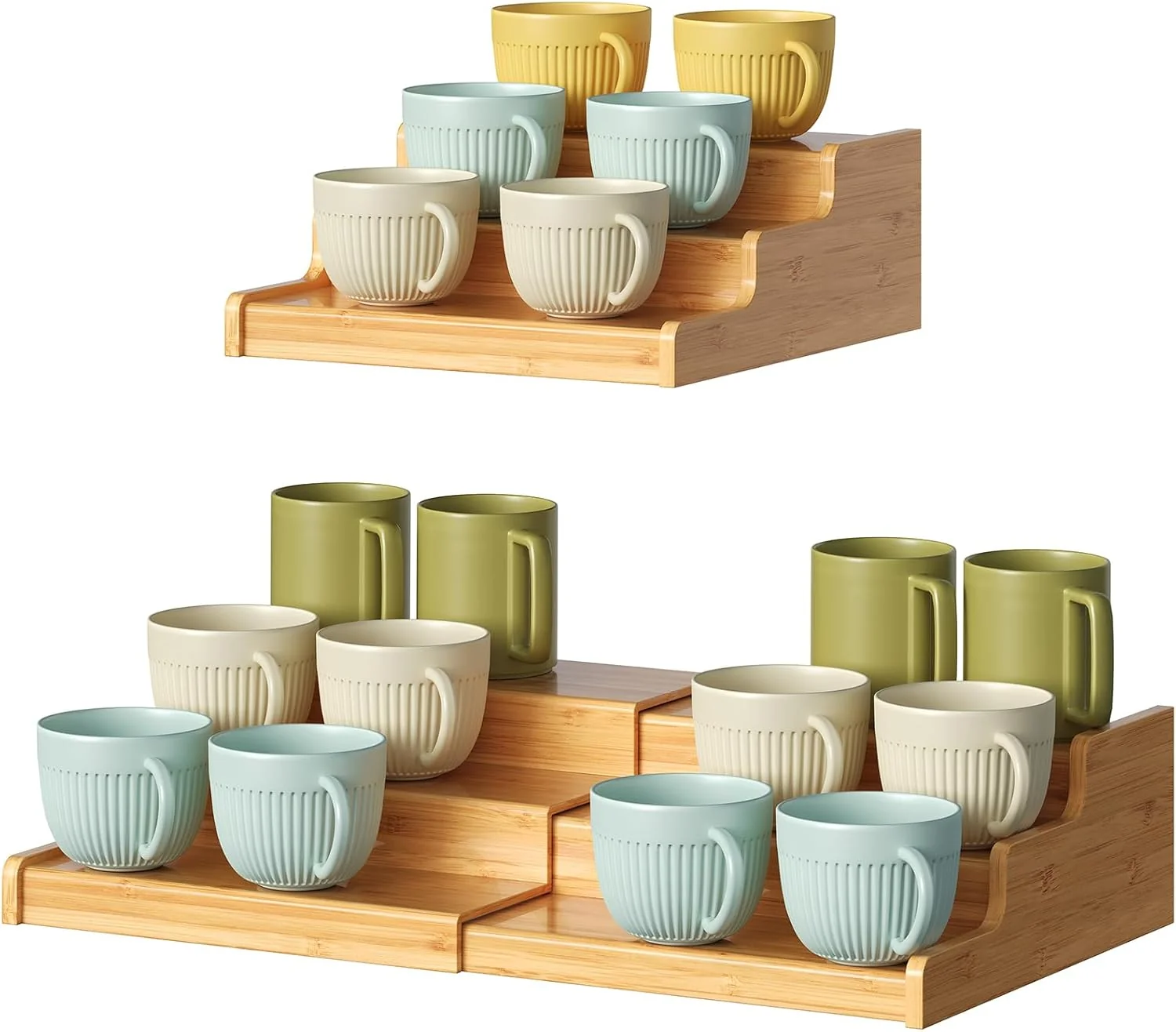Professional 3-Tier Expandable Bamboo Mug Holder For Countertop Coffee Cup Holder Display Mug Organizer Mug Rack for Coffee Bar Organizer Mug Shelf for Cabinet Eco-Friendly