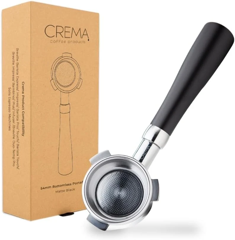 Comfortable Crema Coffee Products 54mm Bottomless Naked Portafilter Compatible with 54mm Breville Machines Includes Double Shot Filter Basket Matte Black Genuine