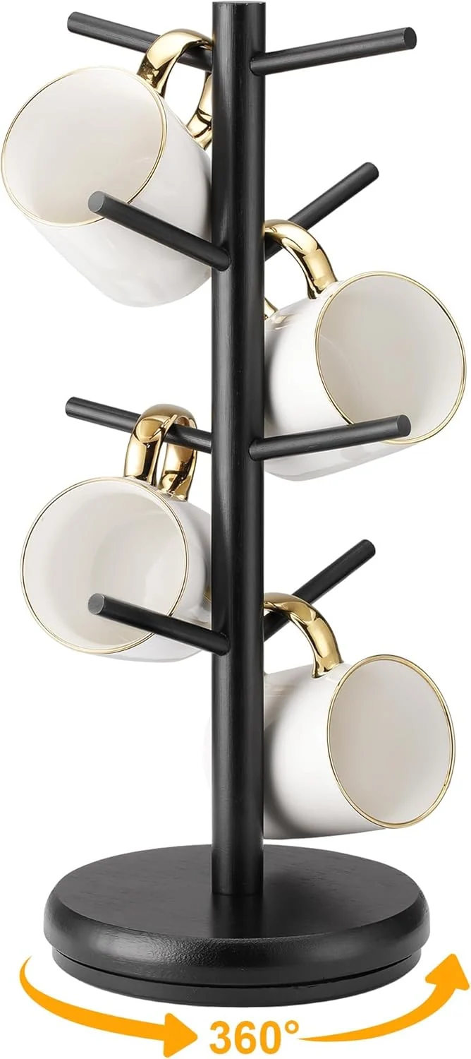 Official Lorbro Coffee Mug Tree 360° Rotated Mug Holder with 8 Hooks Wooden Coffee Cup Holder Rack Stand Accessories for Countertop Kitchen Decor Organizer High-End