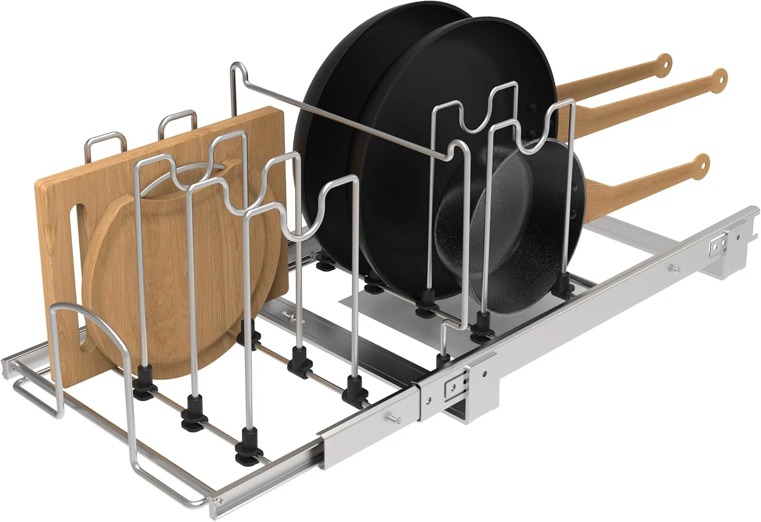 Reusable Pots and Pans Pull Out Organizer Under Cabinet Adjustable Slide Out Pan and Pot Lid Rack Holder Wire Dividers Kitchen Organization And Storage Full-Extension Rail 12 W X 20 D Professional