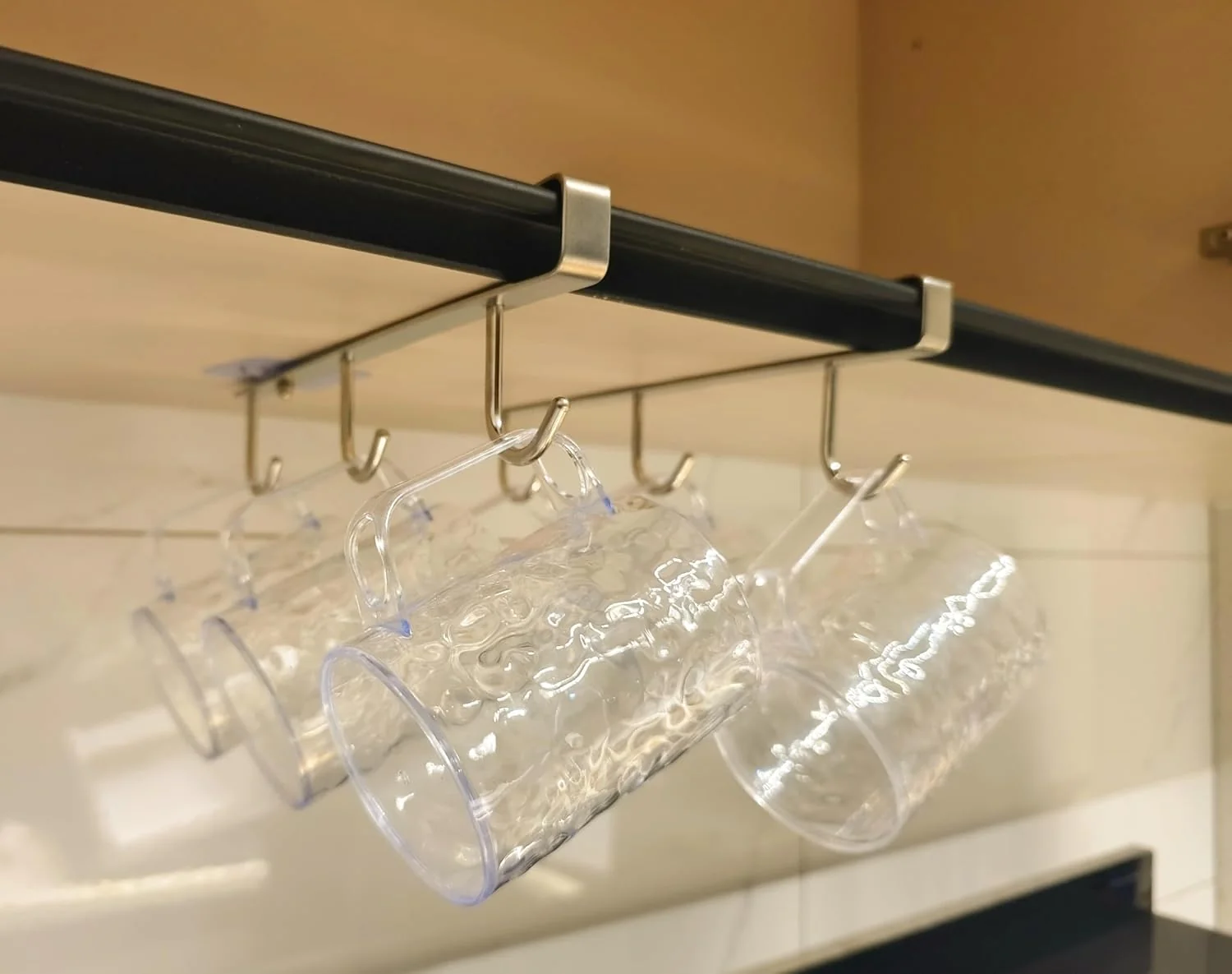 Top-Quality Mug Hooks Under Cabinet 304 Stainless Steel Cup Hooks for Hanging Under Shelf Mug Organizer Rack with 6 Hooks for Displaying Mugs Coffee Cups and Kitchen Utensils Fit for 0.8 or Less thickness Detailed