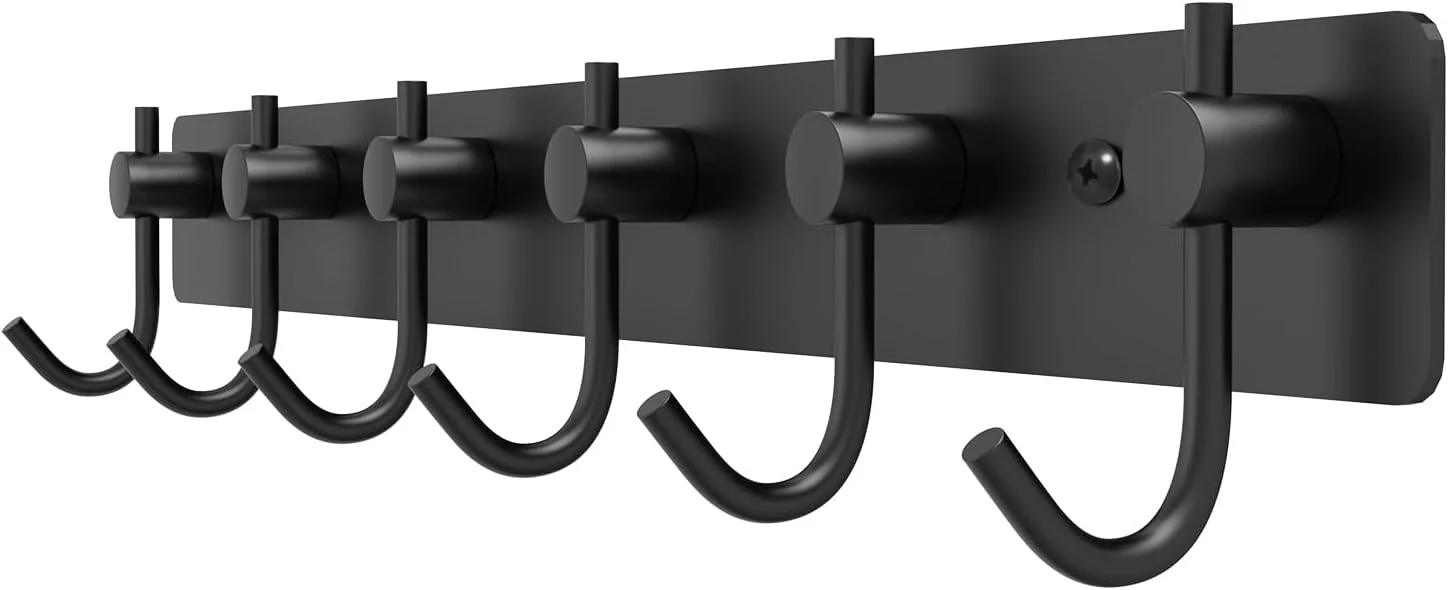 Durable VAEHOLD Wall Hooks for Hanging Black Coat Rack Wall Mount with 6 Coat Hooks Towel Hanger Hat Hooks Robes Hook in Bathroom Bedroom Kitchen Living Room 1PACK Enhanced