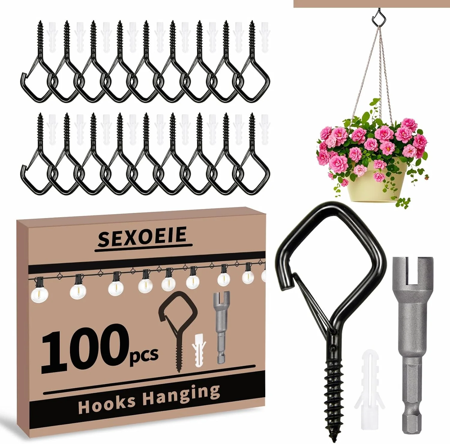 Refined 100 PCS Black Eye Screw Hooks for Hanging Heavy Duty with Safety Buckle.Metal Ceiling Hooks for Hanging Plants Cup Wind Chime Bird Feeders Patio Lights At Indoor amp Outdoor Detailed