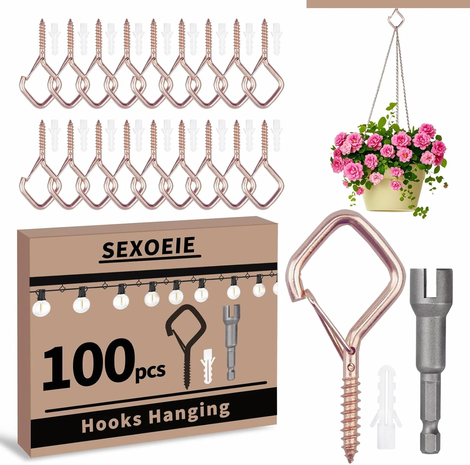 First-Class 100 PCS Rose Gold Eye Screw Hooks for Hanging Heavy Duty with Safety Buckle.Metal Ceiling Hooks for Hanging Plants Cup Wind Chime Bird Feeders Patio Original