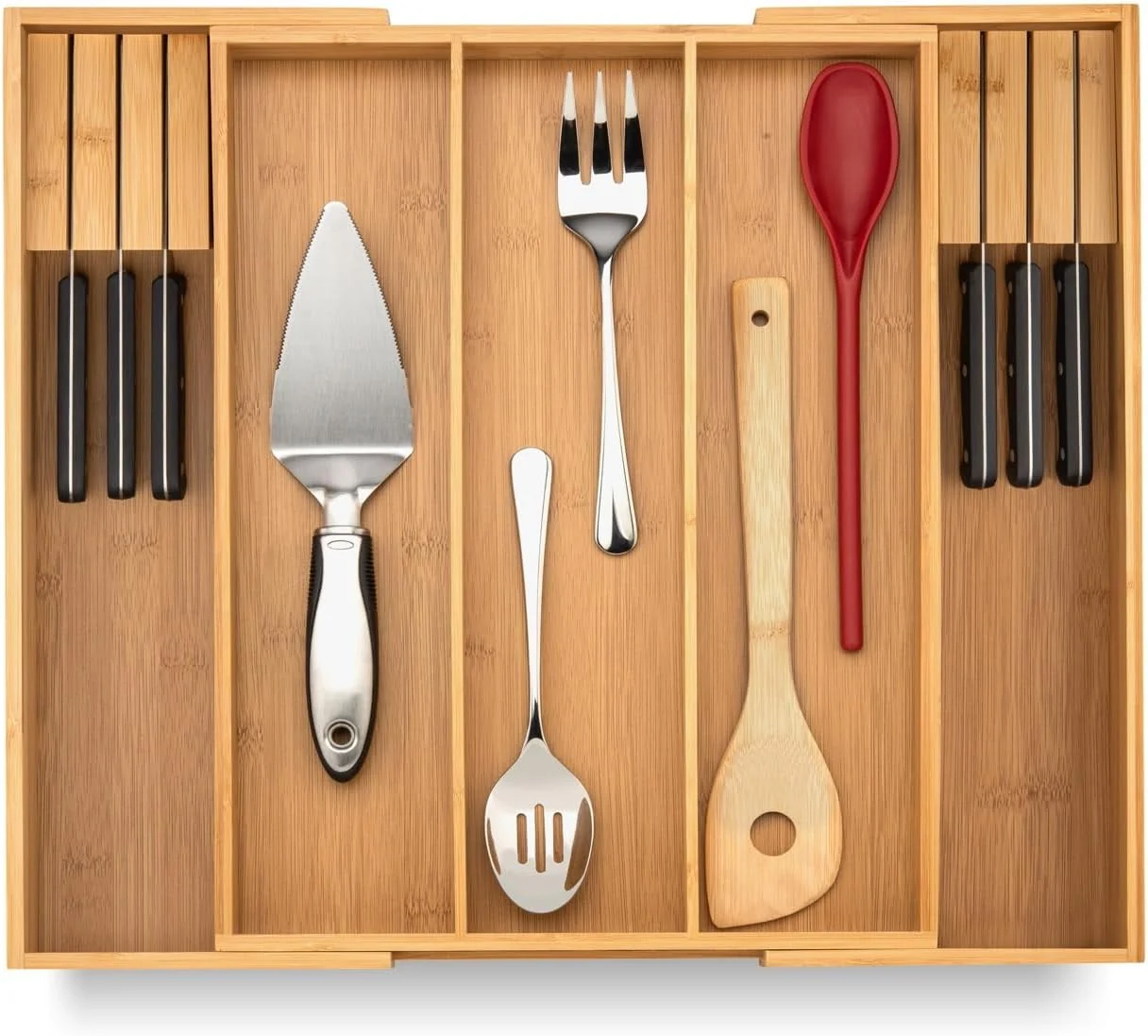 Professional Purawood Kitchen Drawer Organizer with Knife Blocks – Utensil Drawer Organizer for Kitchen Cutlery Tray Silverware Organizer 3-5 Slots Casual