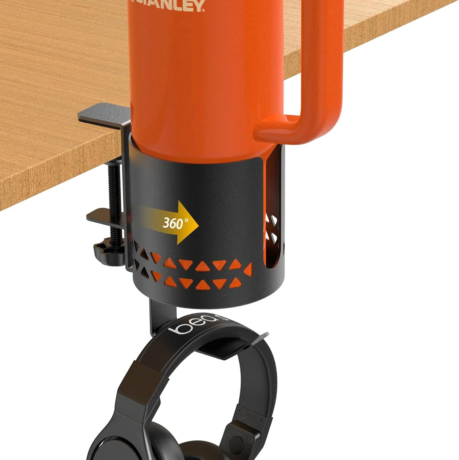 Outstanding Desk Cup Holder Metal Headphone Hanger 360° Rotating PC Gaming Desk Accessories Anti-Spill Table Cup Holder Clamp on Chair for Coffee Mugs Stanley Soft