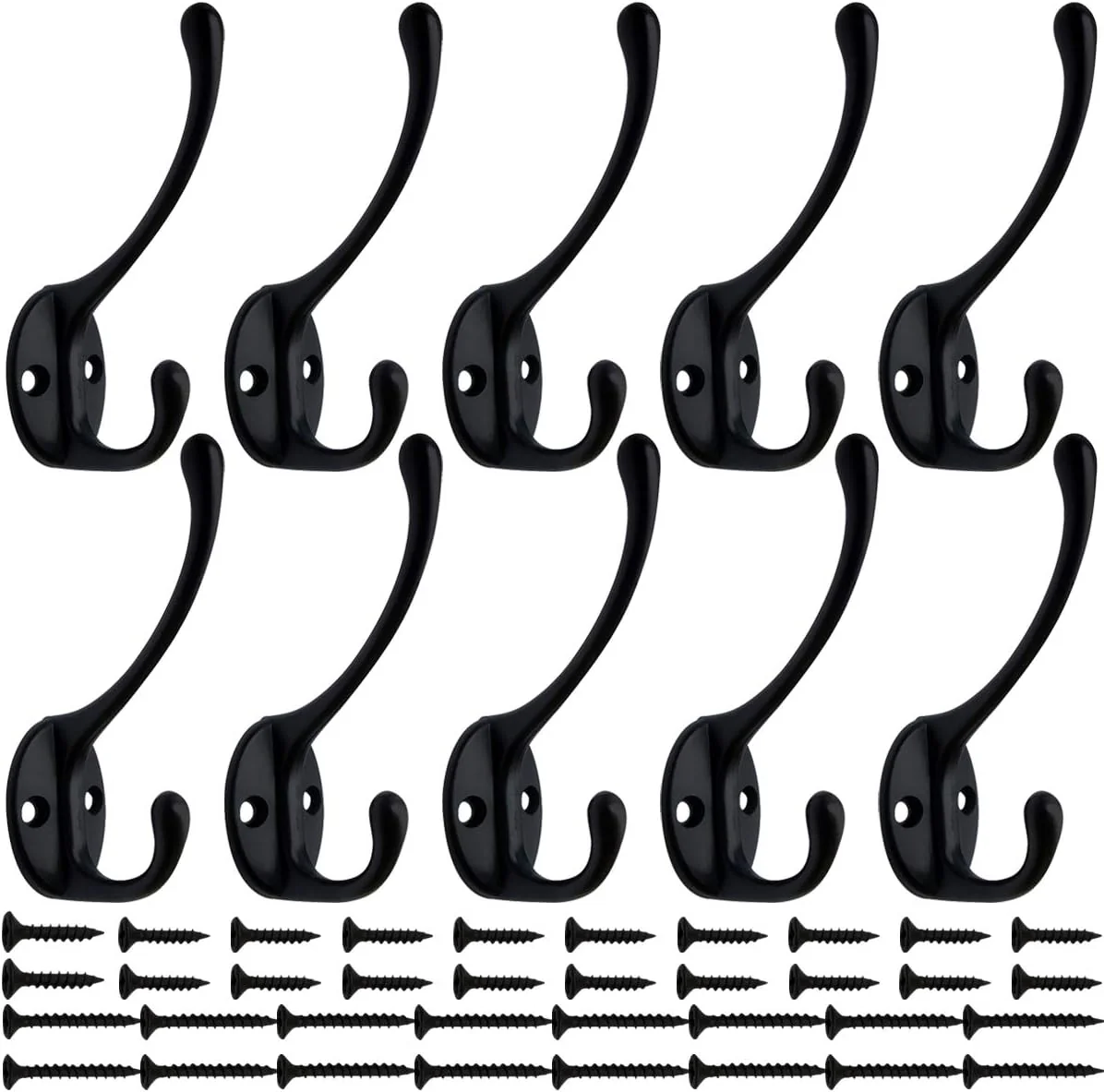 World-Class IBosins 10 Pack Heavy Duty Dual Coat Hooks Wall Mounted with 40 Screws Retro Double Hooks Utility Black No Rust Hooks for Coat Scarf Bag Towel Enhanced