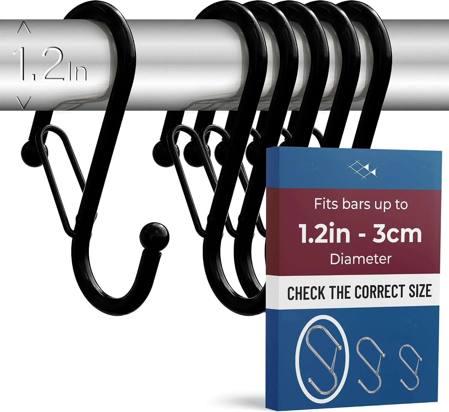 Fashionable 6 S-Shaped Hooks with Anti-Fall System. Anti Drop S-Shaped Hook with Safety Buckle to Prevent Falls. Heavy Duty. Black 4in Long Diameter Rod lt 1.2in Professional