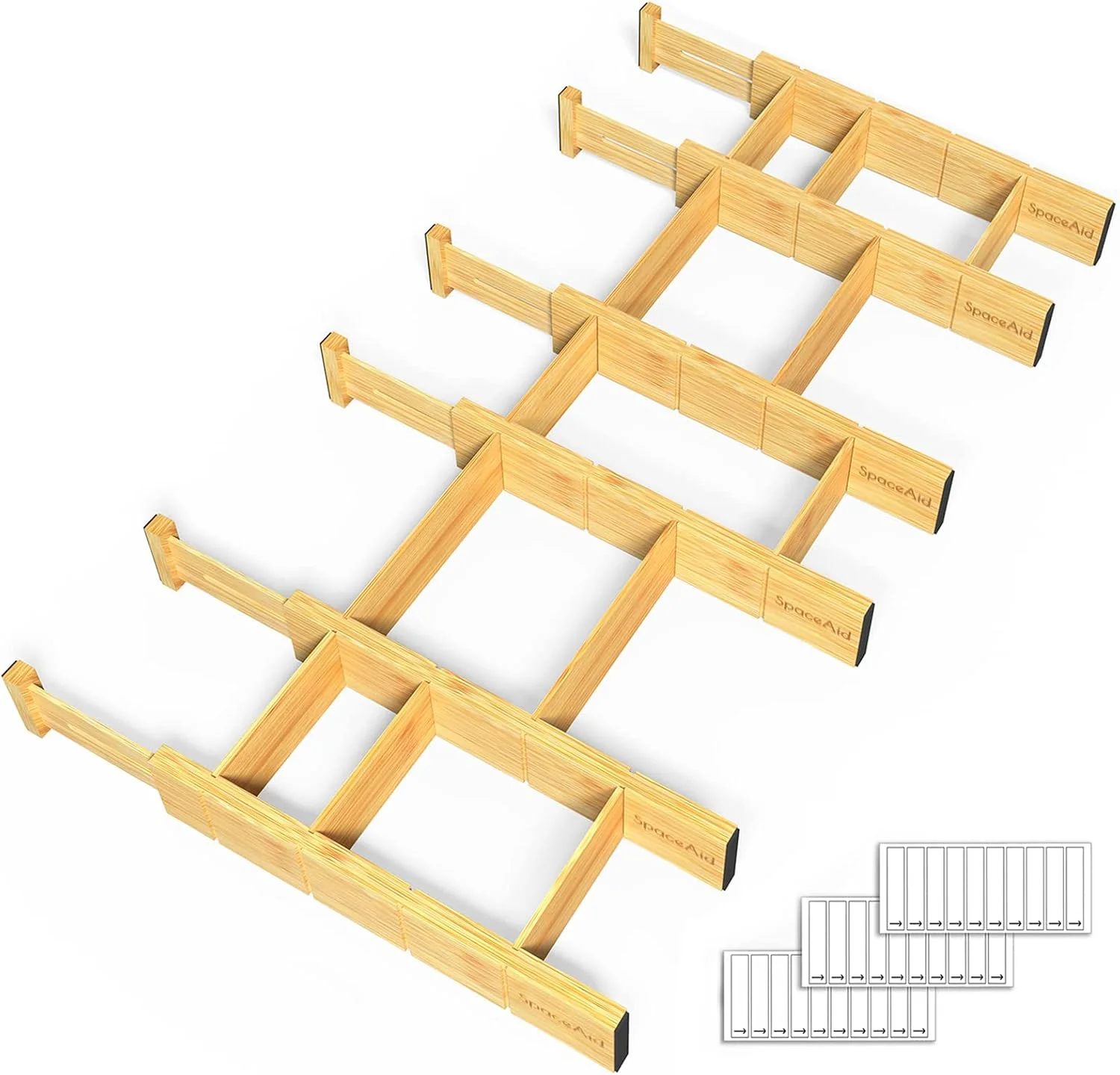 Certified SpaceAid Bamboo Drawer Dividers with Inserts and Labels Kitchen Adjustable Drawer Organizers Expandable Organization for Home Office Dressers and Bathroom 6 Dividers with 12 Inserts 13.25-17 in Lightweight