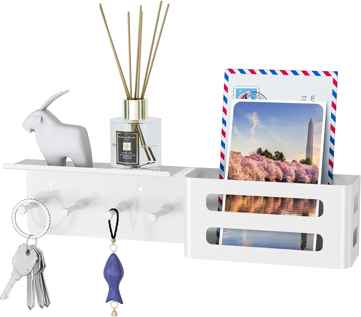 Natural MKO Key Holder for Wall 12.2In Mail Organizer Holder with Shelf Metal Key Rack Adhesive Wall Mount White Minimalist