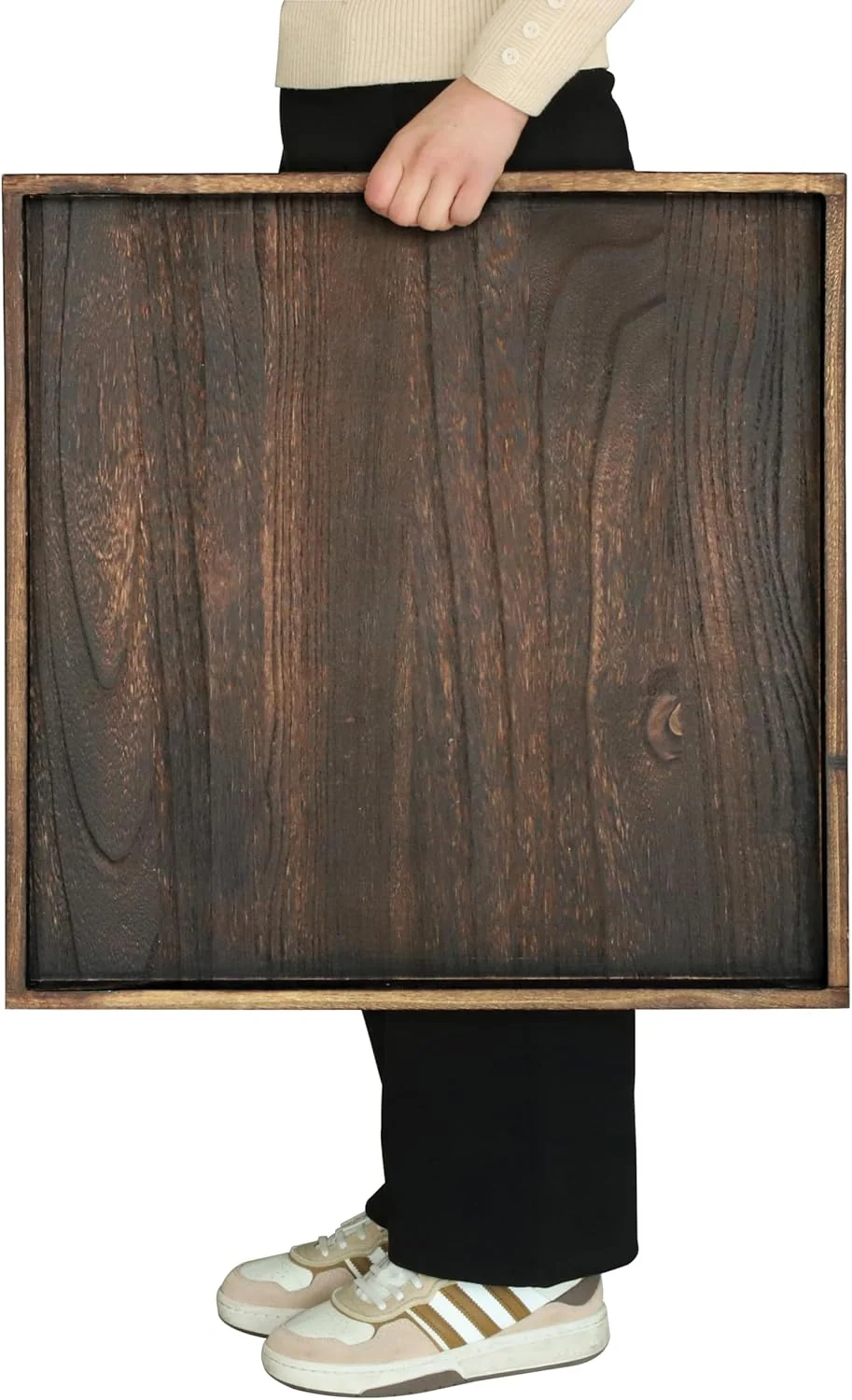 Fine 24 Rustic Wooden Serving Tray – Extra Large Square Ottoman Table Tray for Farmhouse Decorative Oversized Coffee Table Trays Living Room Kitchen Organic