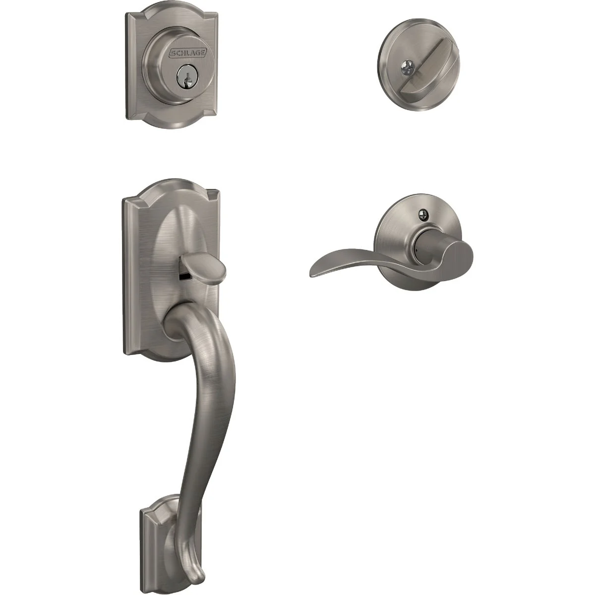 Verified Schlage Camelot Handleset with Single Cylinder Deadbolt and Accent Lever in Satin Nickel – Left Handed Efficient
