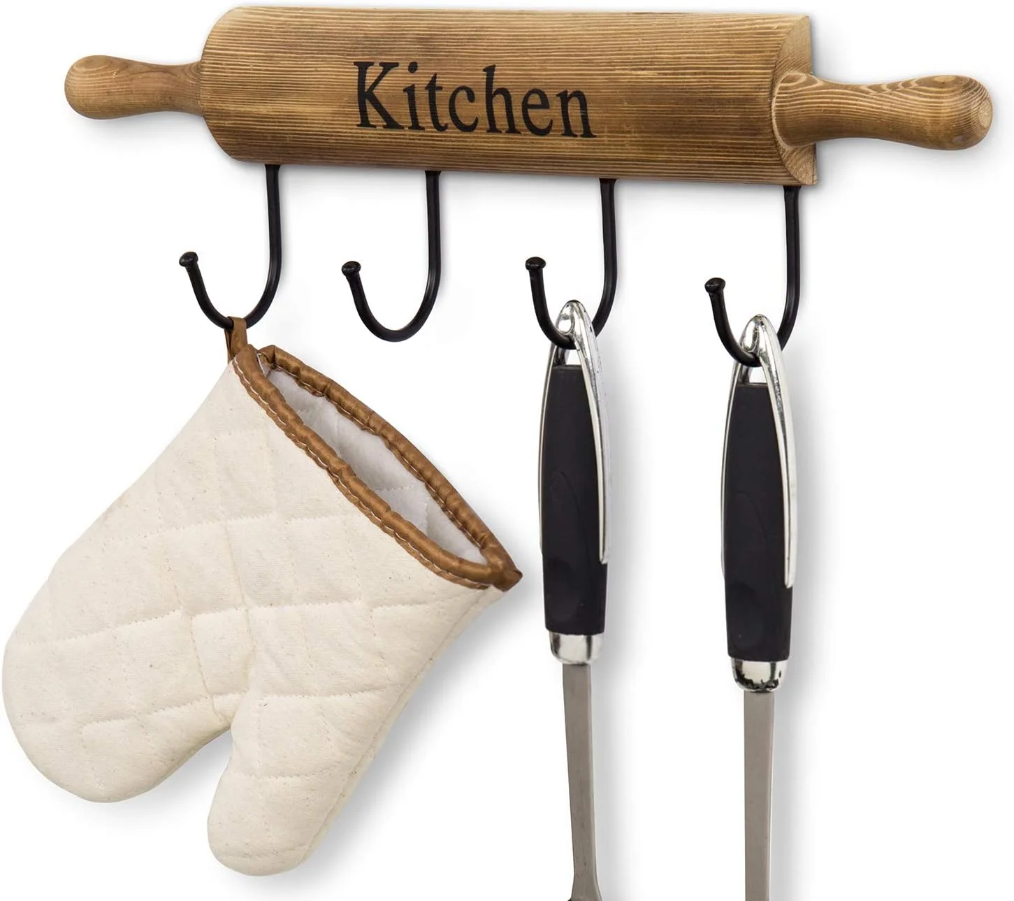 Secure MyGift Rustic Burnt Brown Wood Kitchen Hooks for Hanging Cooking Utensils Coffee Mugs and Hand Towels Enhanced