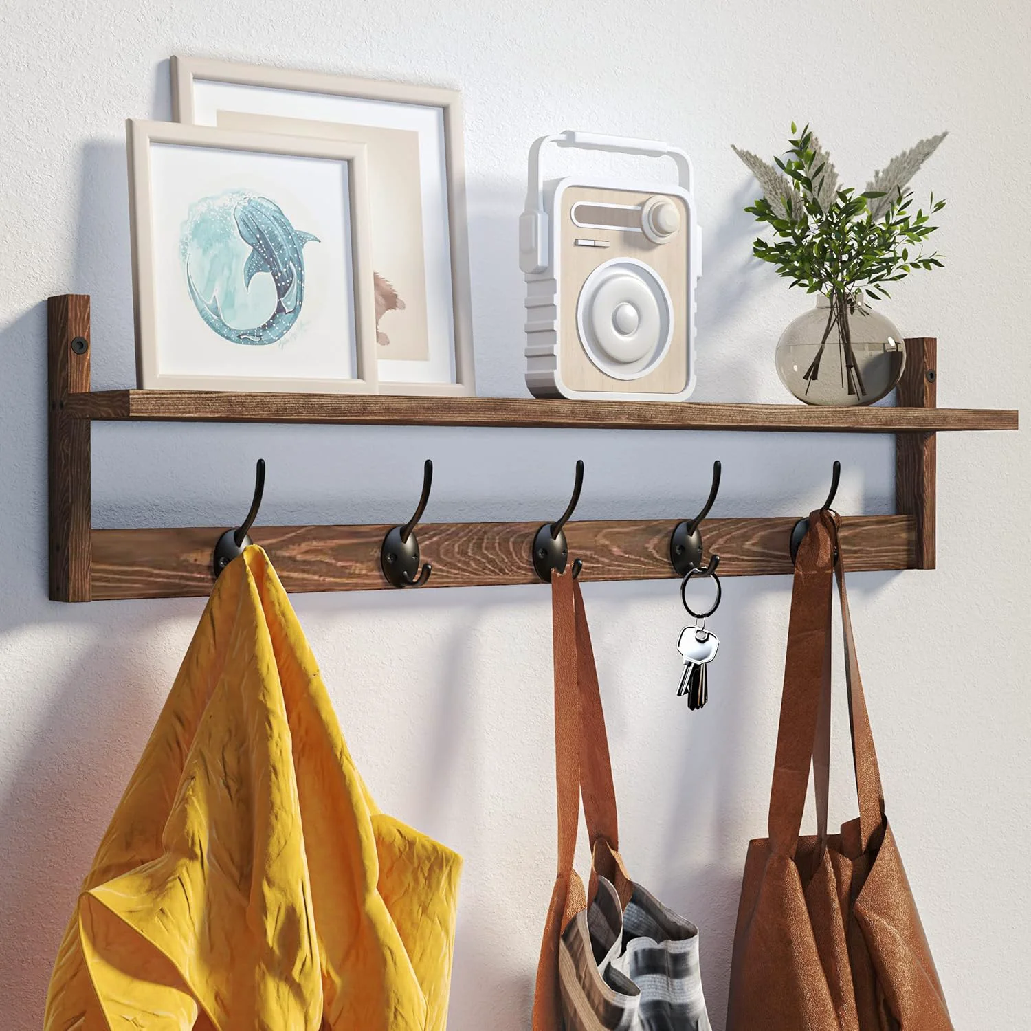 Flexible Bameos Wall Mounted Coat Rack with Adjustable Easy Install Rust Proof Brown Wooden Material 28.9 Inch Length Proven
