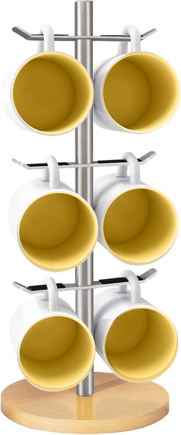 Organic Mug Holder Tree Coffee Cup Holder for Countertop 6 Hooks Mug Tree Coffee Mug Rack Metal Mug Stand Brushed Nickel Convenient