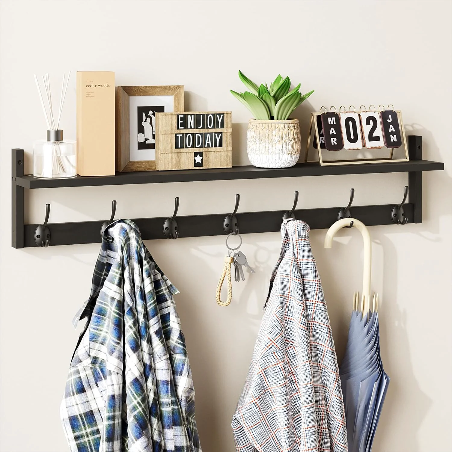 High-Performance Bameos 35 Inch Wall Hooks With Shelf – Entryway Hanging Wood Coat Rack With 7 Dual Hooks for Bathroom Living Room Bedroom Black Advanced