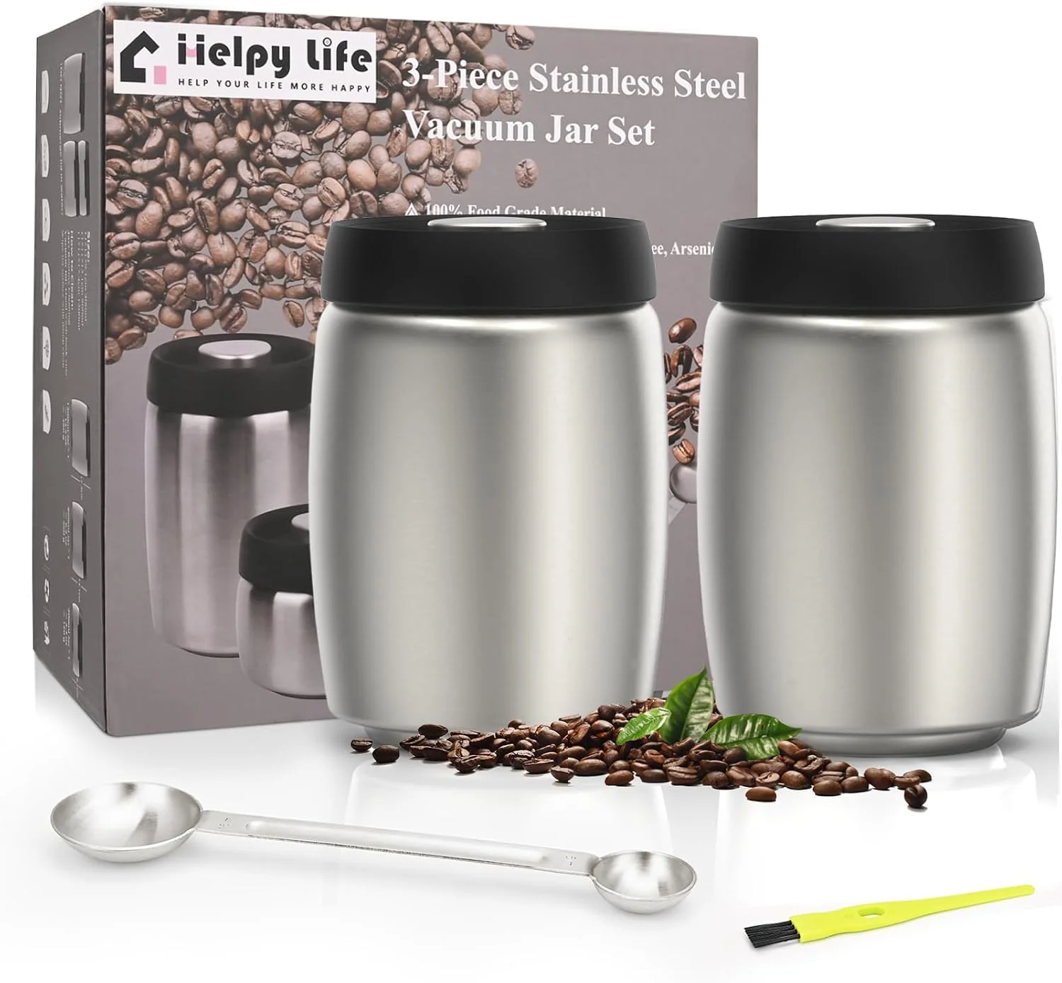 Traditional Vacuum Coffee Canister Stainless Steel Airtight Coffee Storage Containers Set with Measuring Scoop and Airtight Lid for Coffee Grounds Beans Loose Tea Sugar Spices 2400ml 32OZ L 2 Silver Powerful