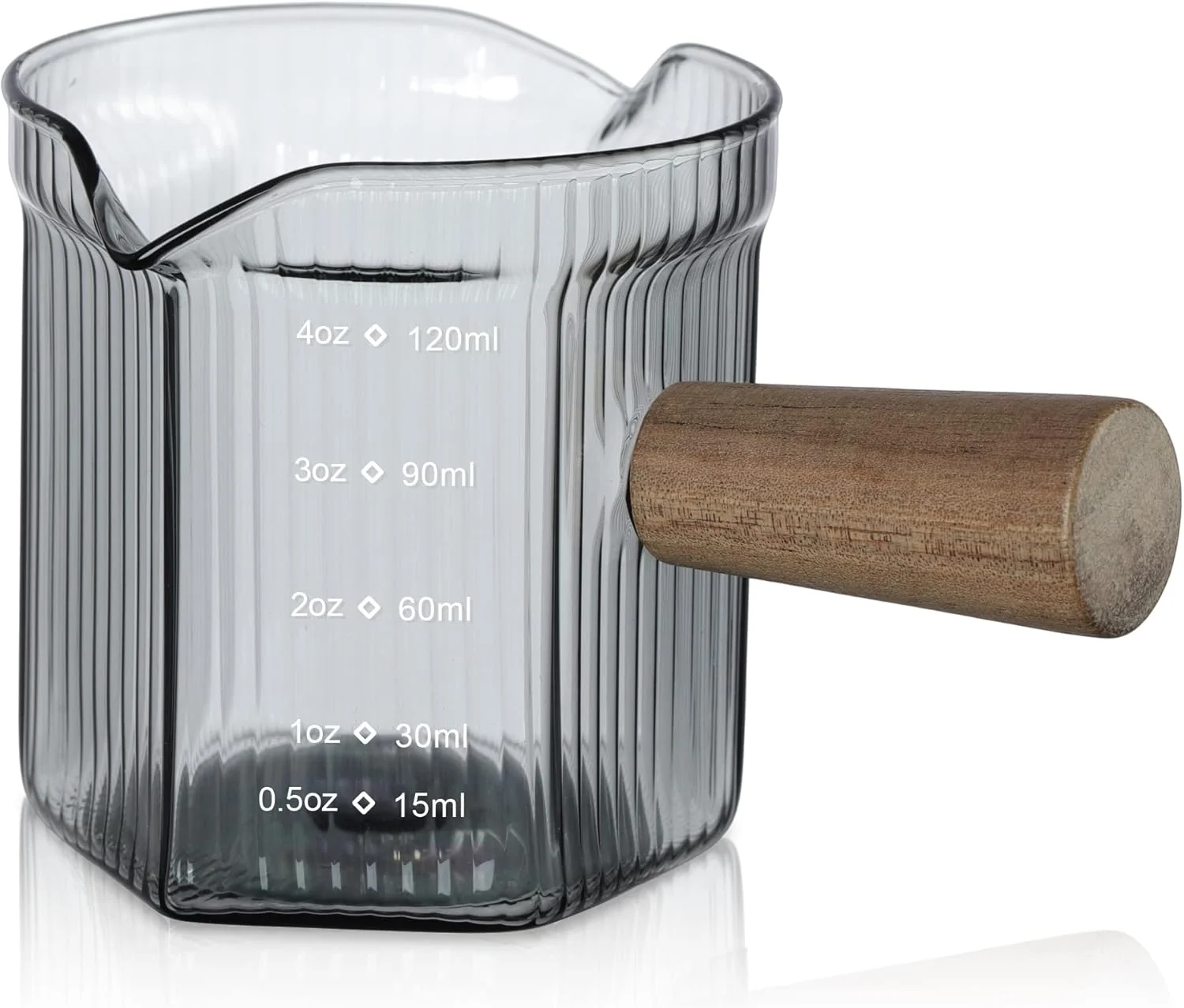 Modern Joeyan 4 oz Grey Double Spouts Measuring Triple Pitcher Milk Cup with Wood Handle Ribbed High Borosilicate Glass Measuring Cup Espresso Shot Glasses Elite