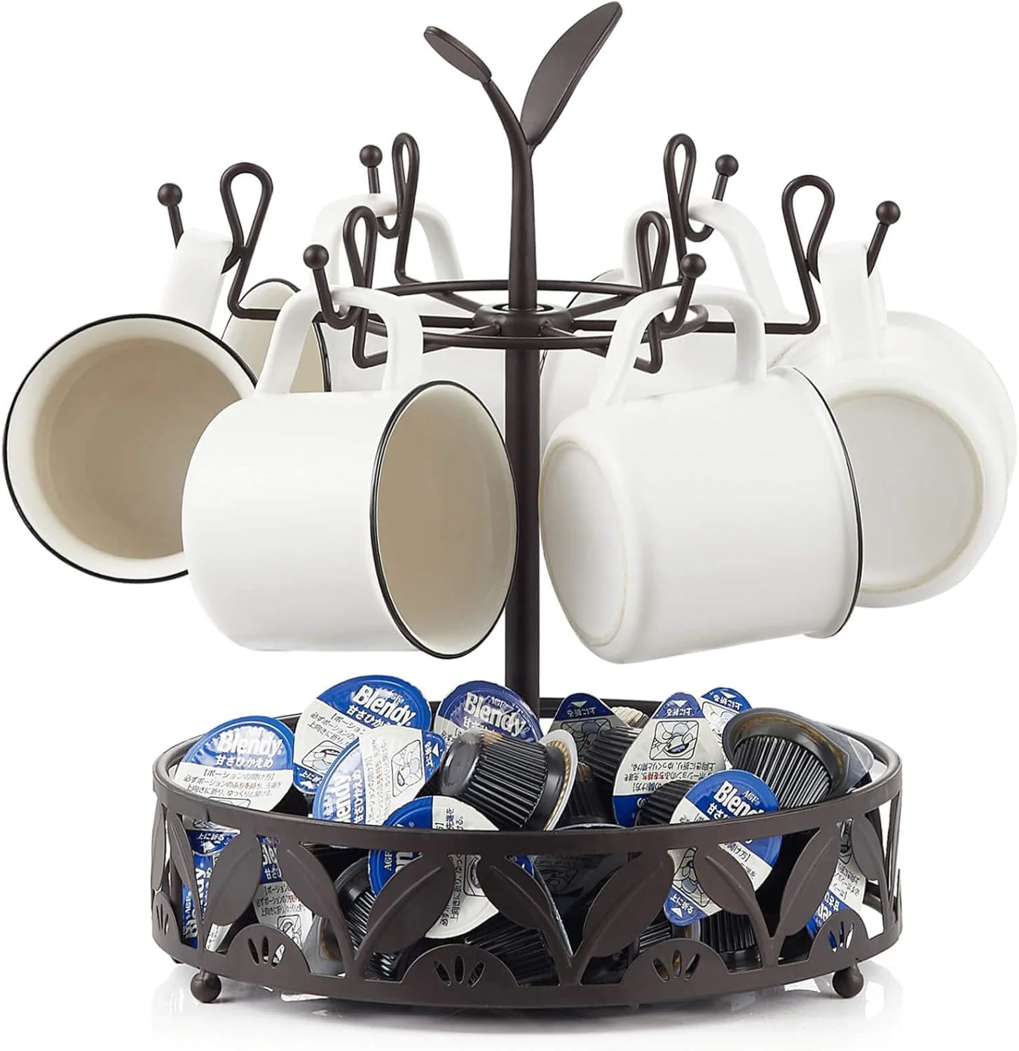 Fast Coffee Mug Holder with Coffee Pod Basket Storage Rotatable 6-capacity Cup Mug Holder Tree Coffee Counter Bar Accessory Kitchen Organizer Selected